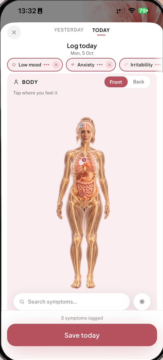 Softas Log-Today-Bildschirm mit der Body Map — tippe dorthin, wo du es spürst — und Stimmungs-Chips wie Low mood und Anxiety