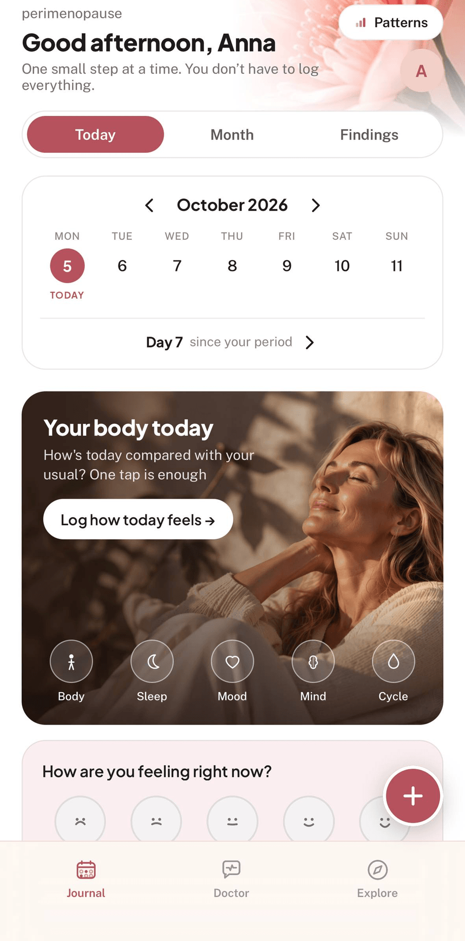 Softas Tagebuch-Bildschirm „Heute“: „Good afternoon, Anna“ mit der Karte „Your body today“ und den Logging-Buttons Body, Sleep, Mood, Mind und Cycle