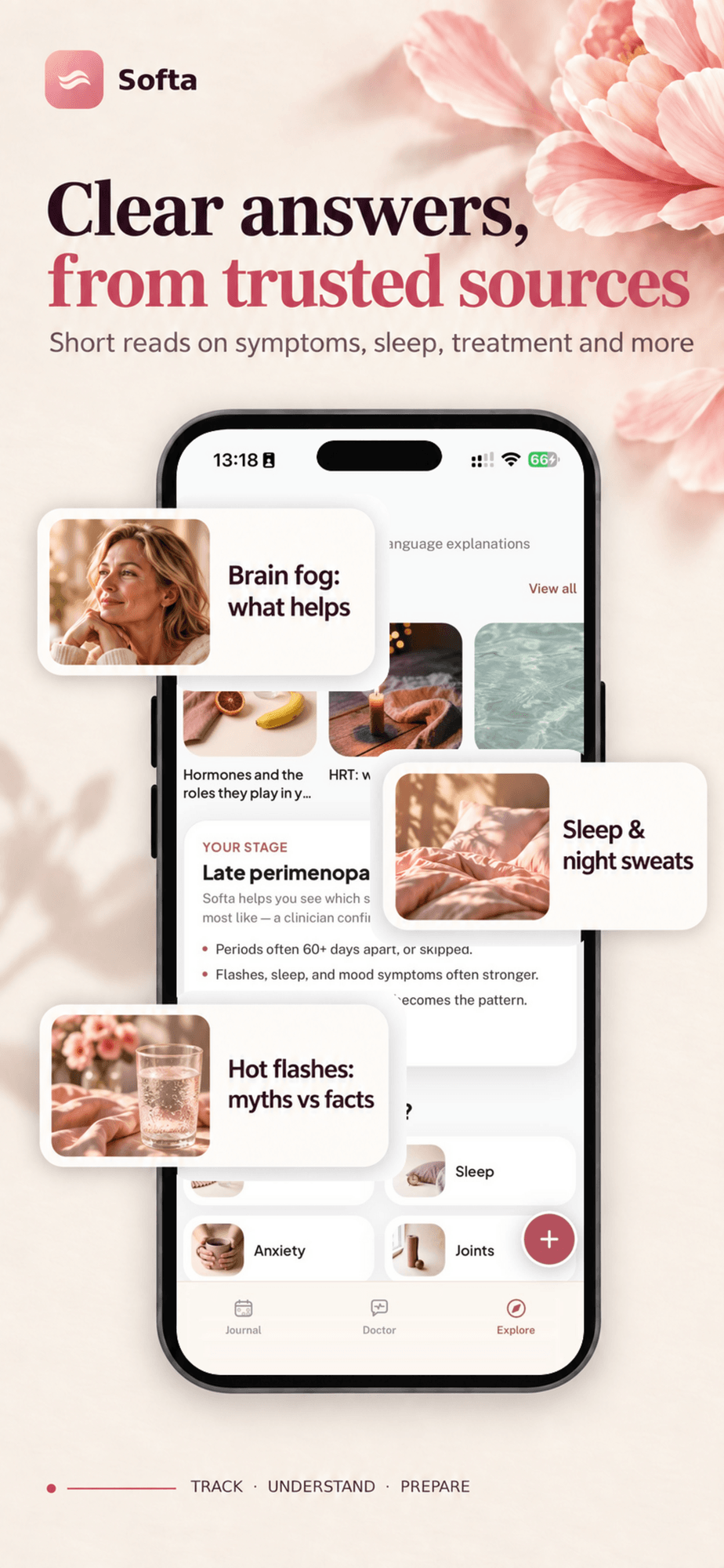 App-Store-Vorschau, „Clear answers from trusted sources“: Softas Explore-Bildschirm mit kurzen Texten zu Symptomen, Schlaf und Behandlung
