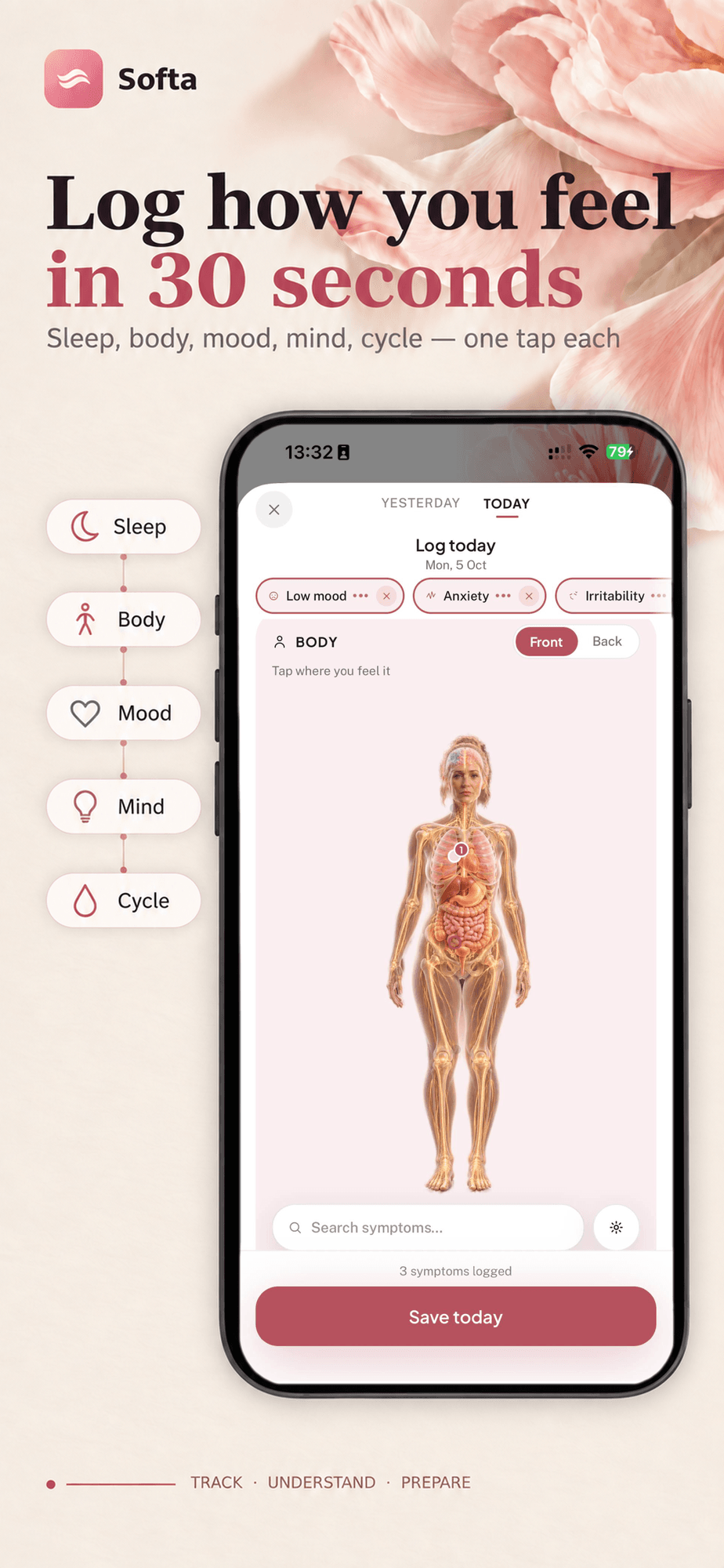 App-Store-Vorschau, „Log how you feel in 30 seconds“: Softas Log-Today-Bildschirm mit der Body Map und den Symptom-Buttons