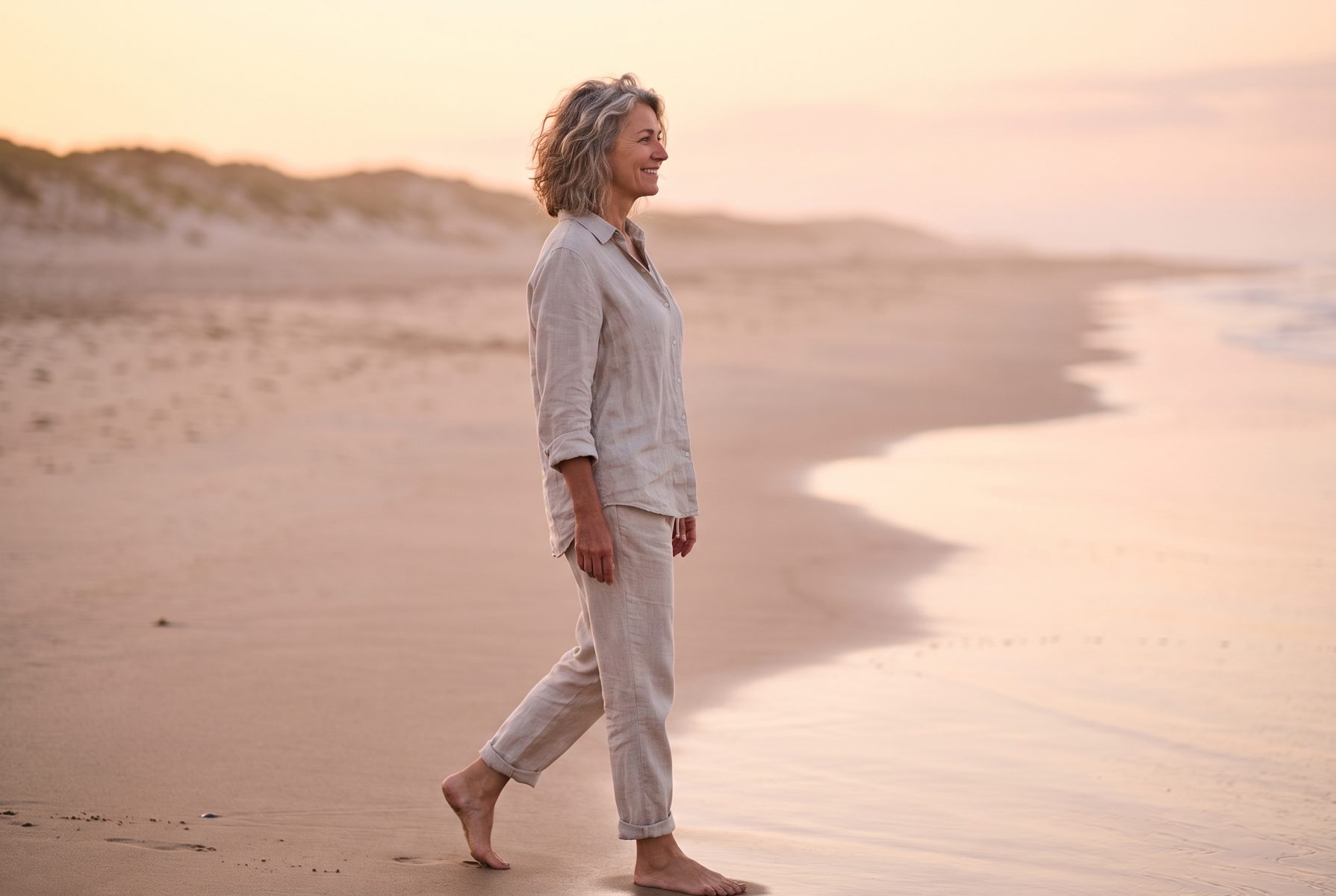 A woman in her mid-50s walking along a quiet beach at sunrise, seen from the side, peaceful