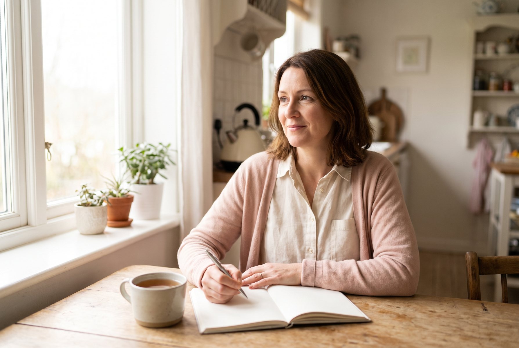A woman in her forties writing in a notebook at a kitchen table in morning light