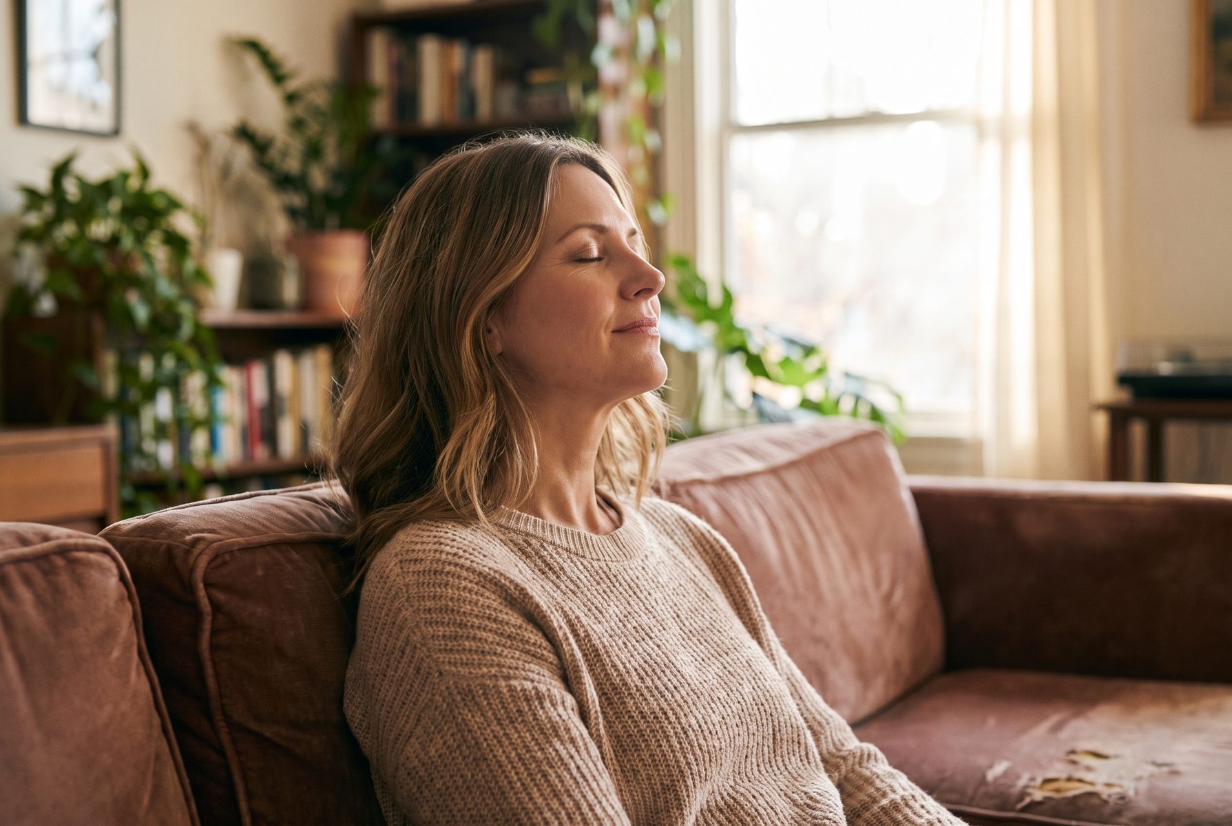A woman in her mid-40s sitting on a sofa with eyes closed taking a slow deep breath, soft light, peaceful