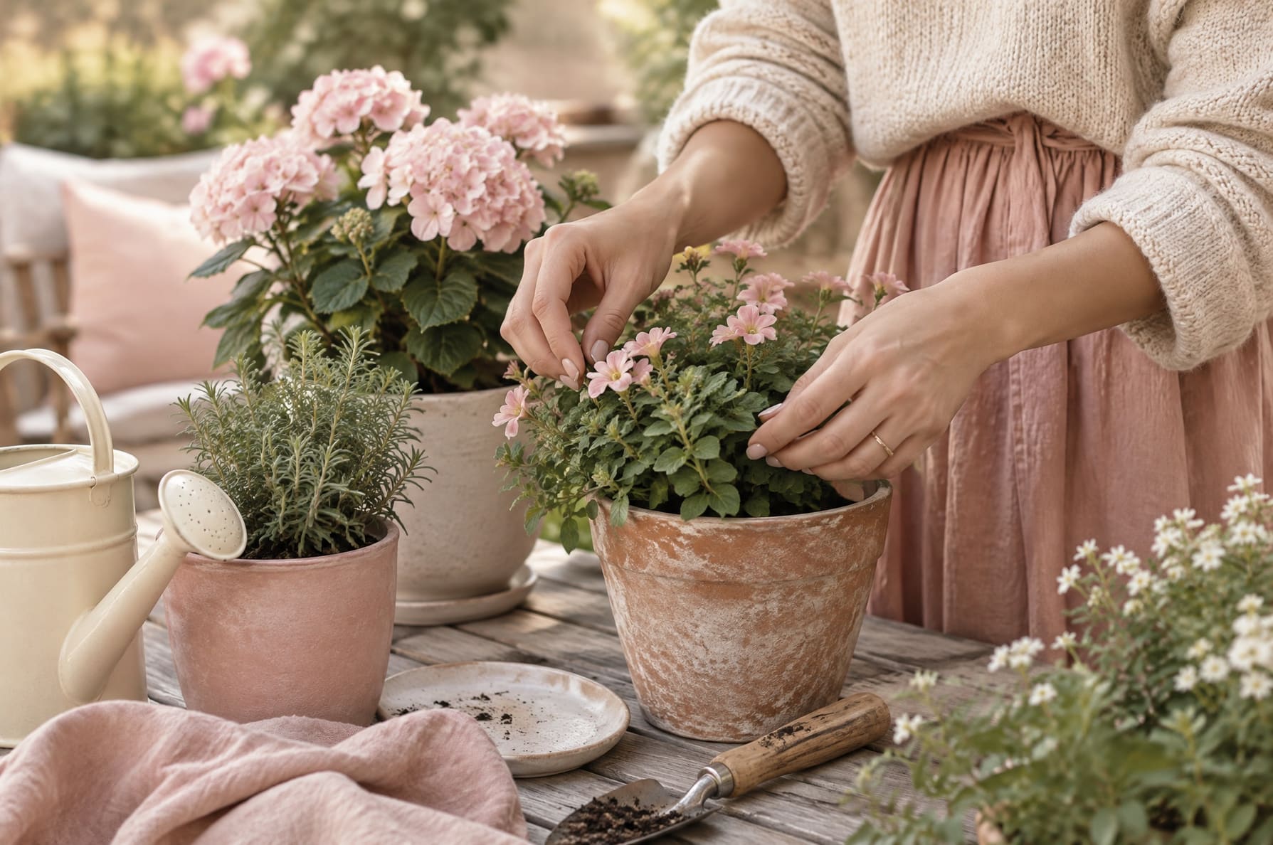 A close-up of hands tending to potted plants outdoors, soft natural light, warm cream and dusty pink tones