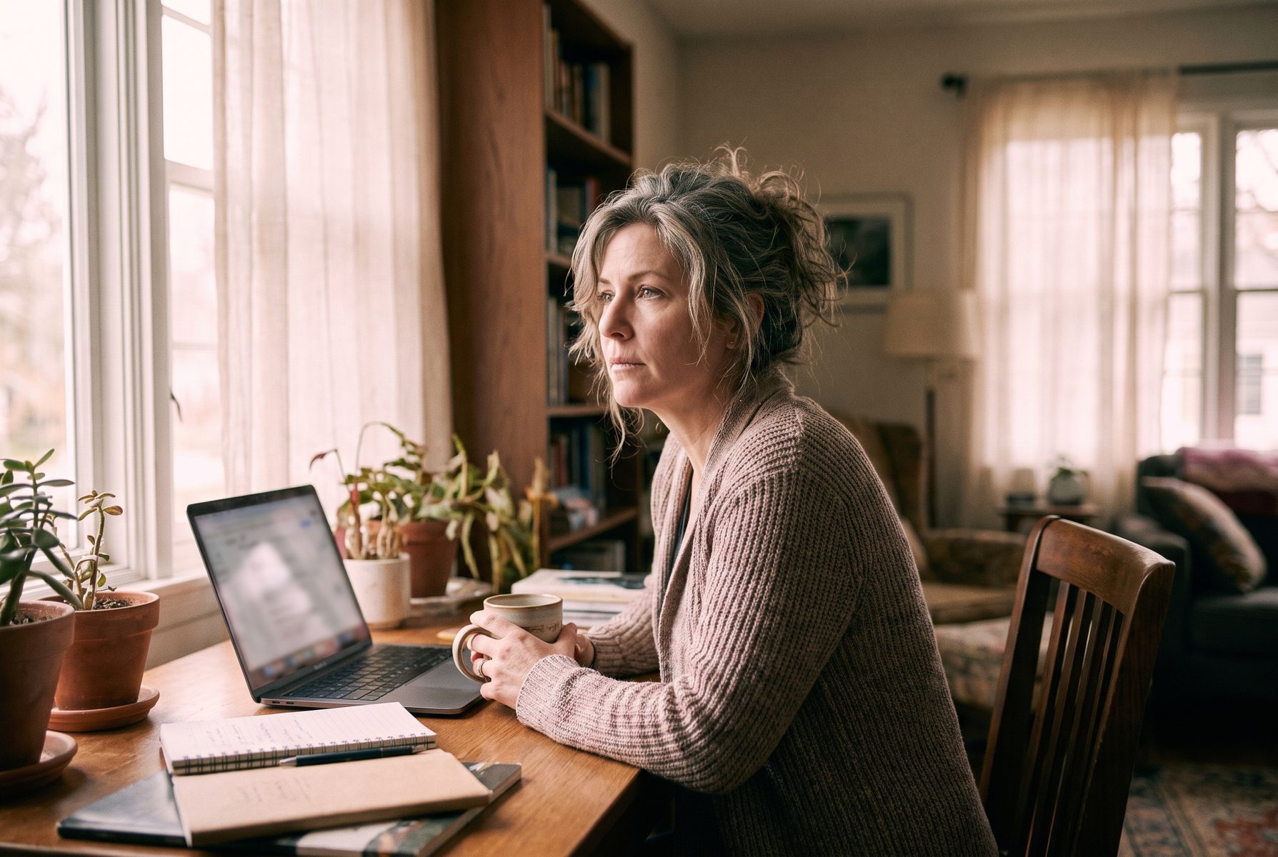 A woman in her late 40s at a desk with a laptop looking off into space, soft hazy window light, slightly dreamy