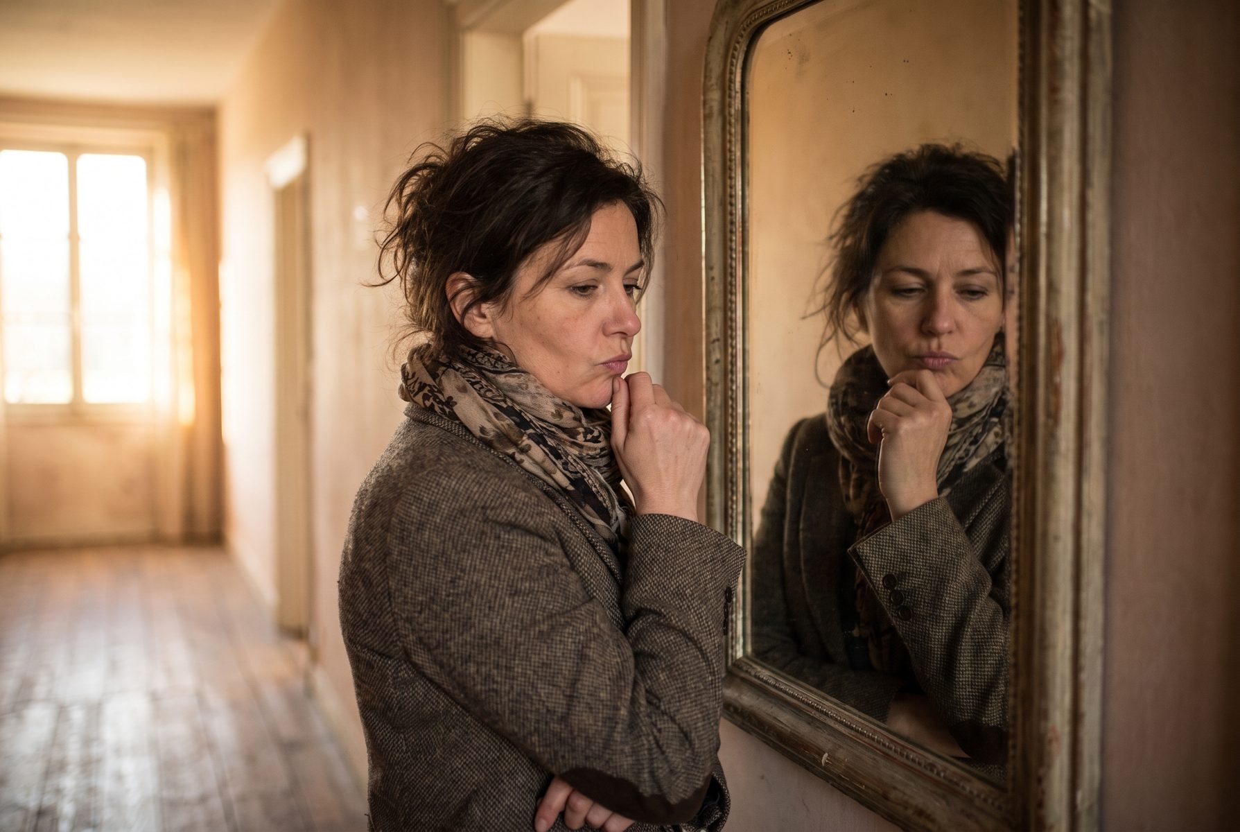 A woman in her mid-40s quietly rehearsing what she wants to say, looking at herself in a hallway mirror, thoughtful