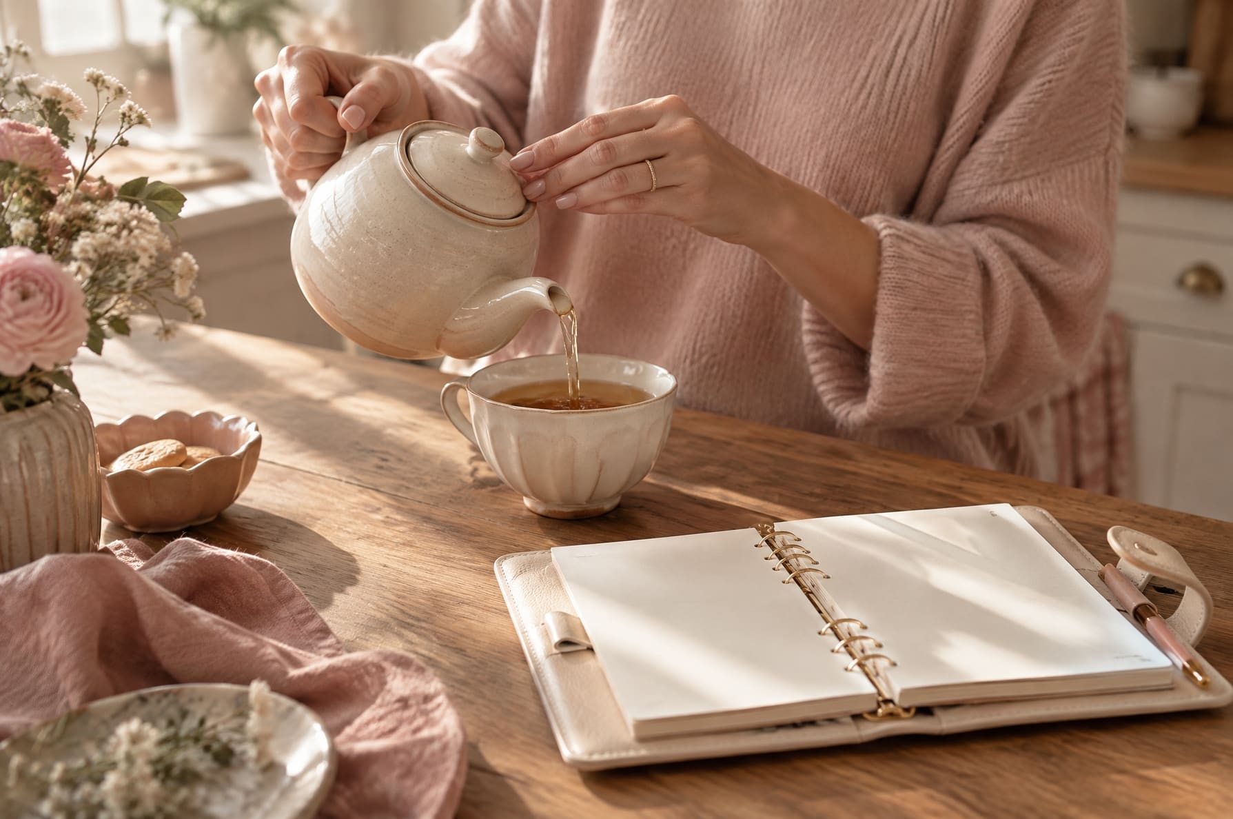 A woman's hands pouring tea into a cup beside an open planner on a sunlit kitchen table, soft morning light, no face visible