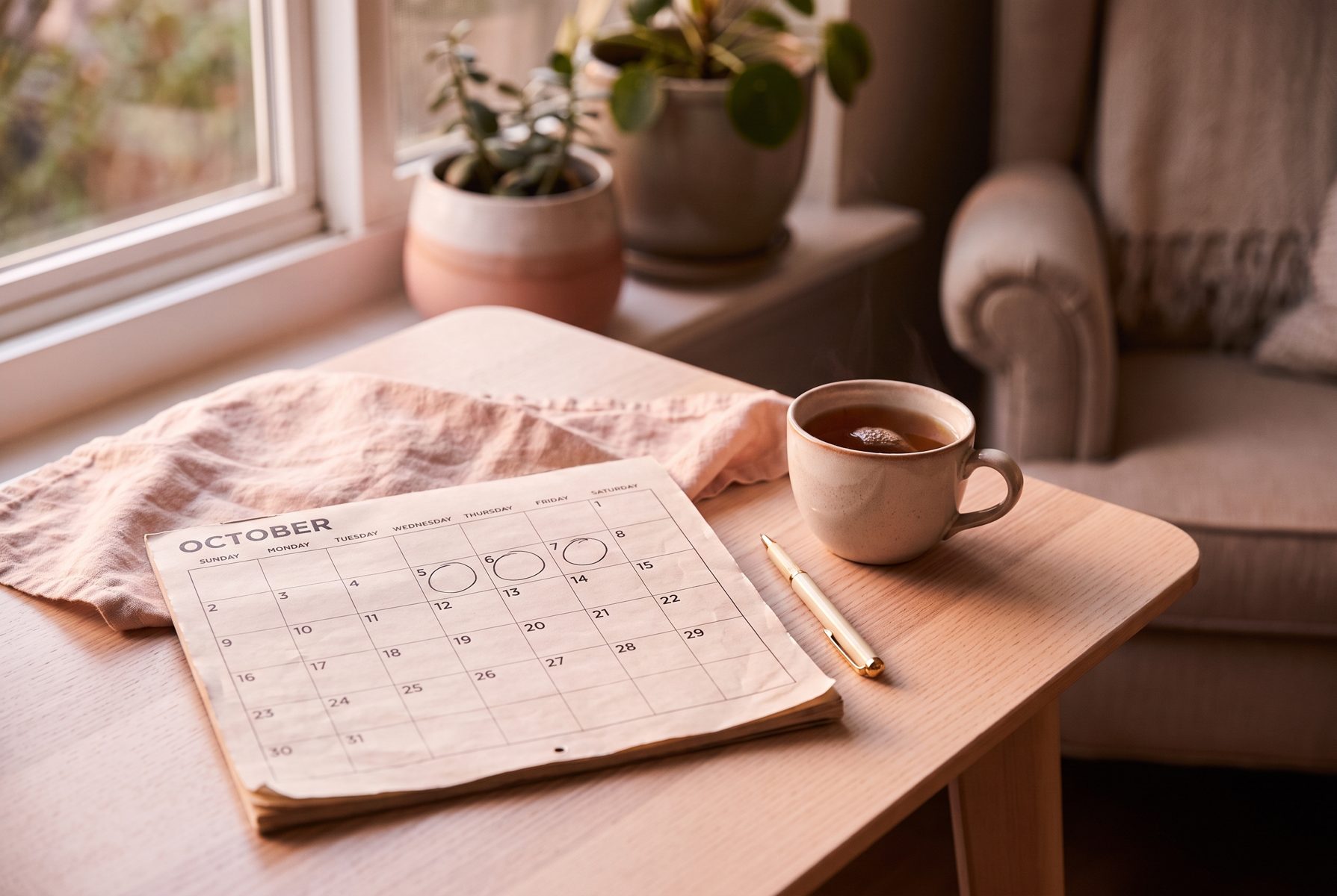 Still life: a paper calendar with a few marked days, a pen and a cup of tea on a light wooden table