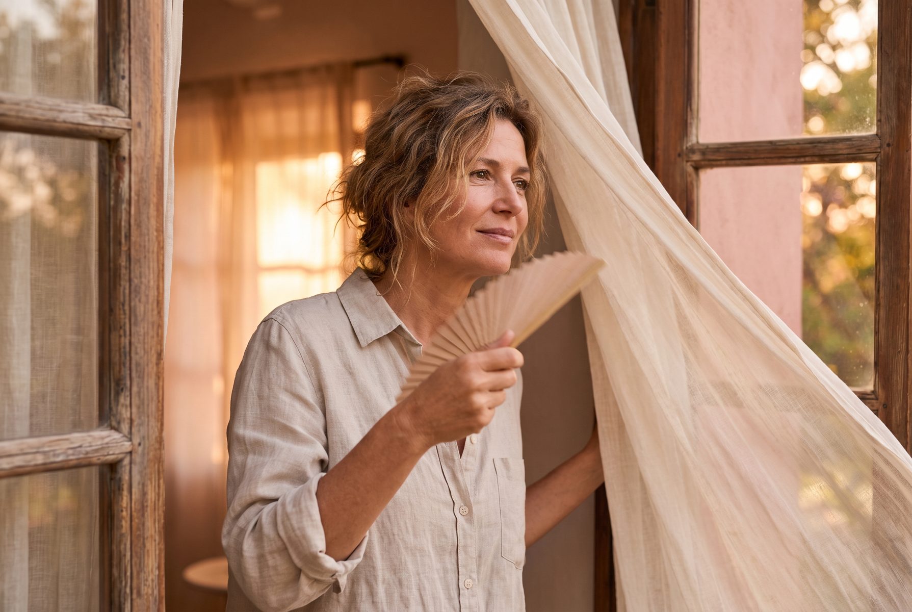 A woman in her late 40s standing at an open window fanning herself with her hand, light curtains moving