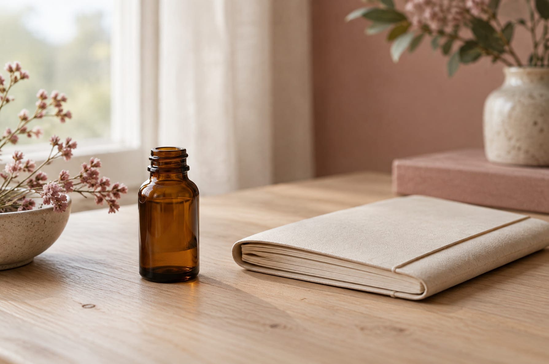 A small amber glass bottle and a folded cream notebook on a pale wooden table in soft natural light, no people, no visible text