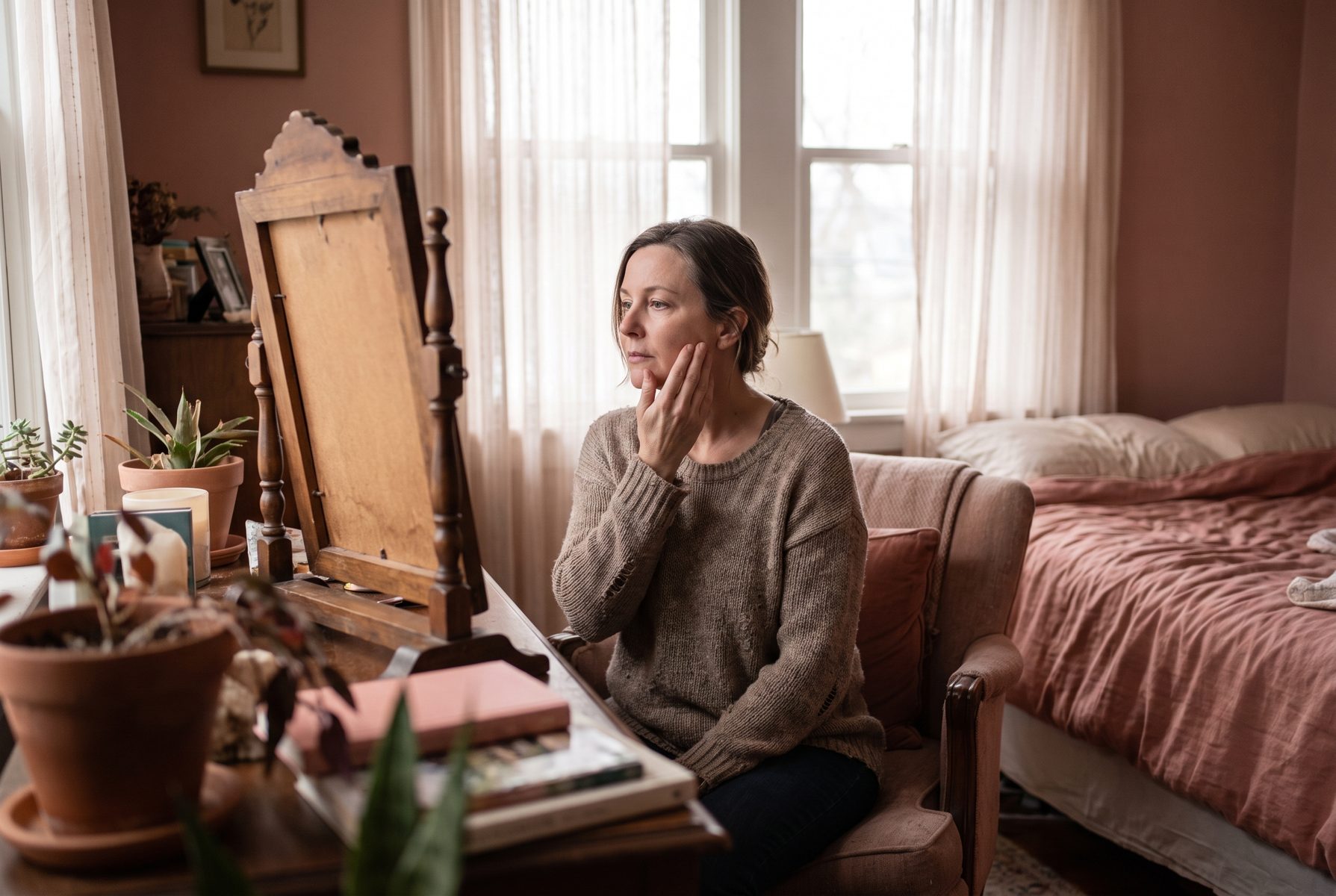A woman in her late 40s looking at her reflection in a bedroom mirror with a soft thoughtful expression, natural light