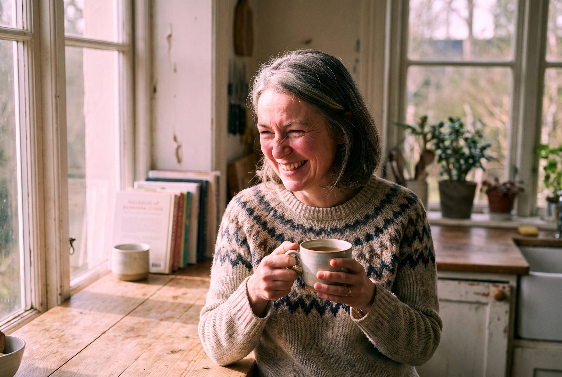 A woman in her mid-50s smiling in a bright kitchen with a cup of tea, confident and settled