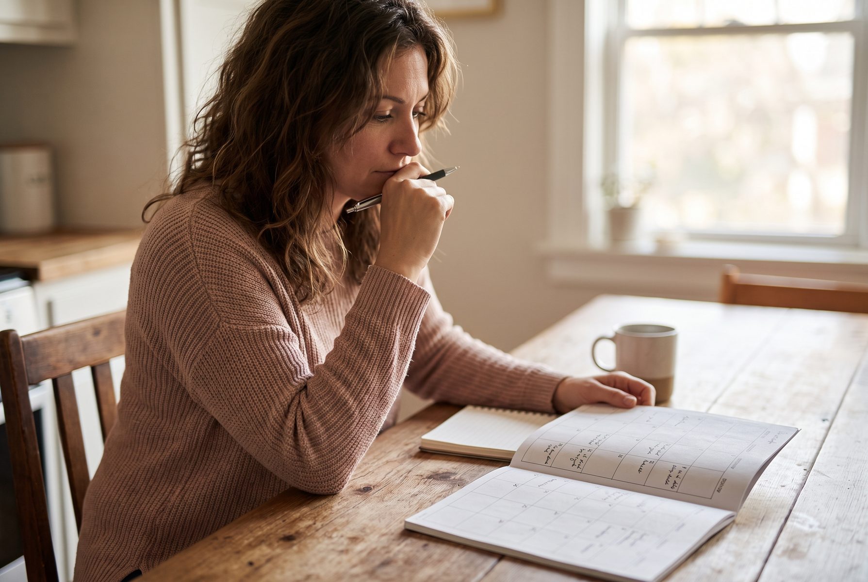 A woman in her late 30s at a kitchen table with a paper wall-style calendar and a pen, thoughtful