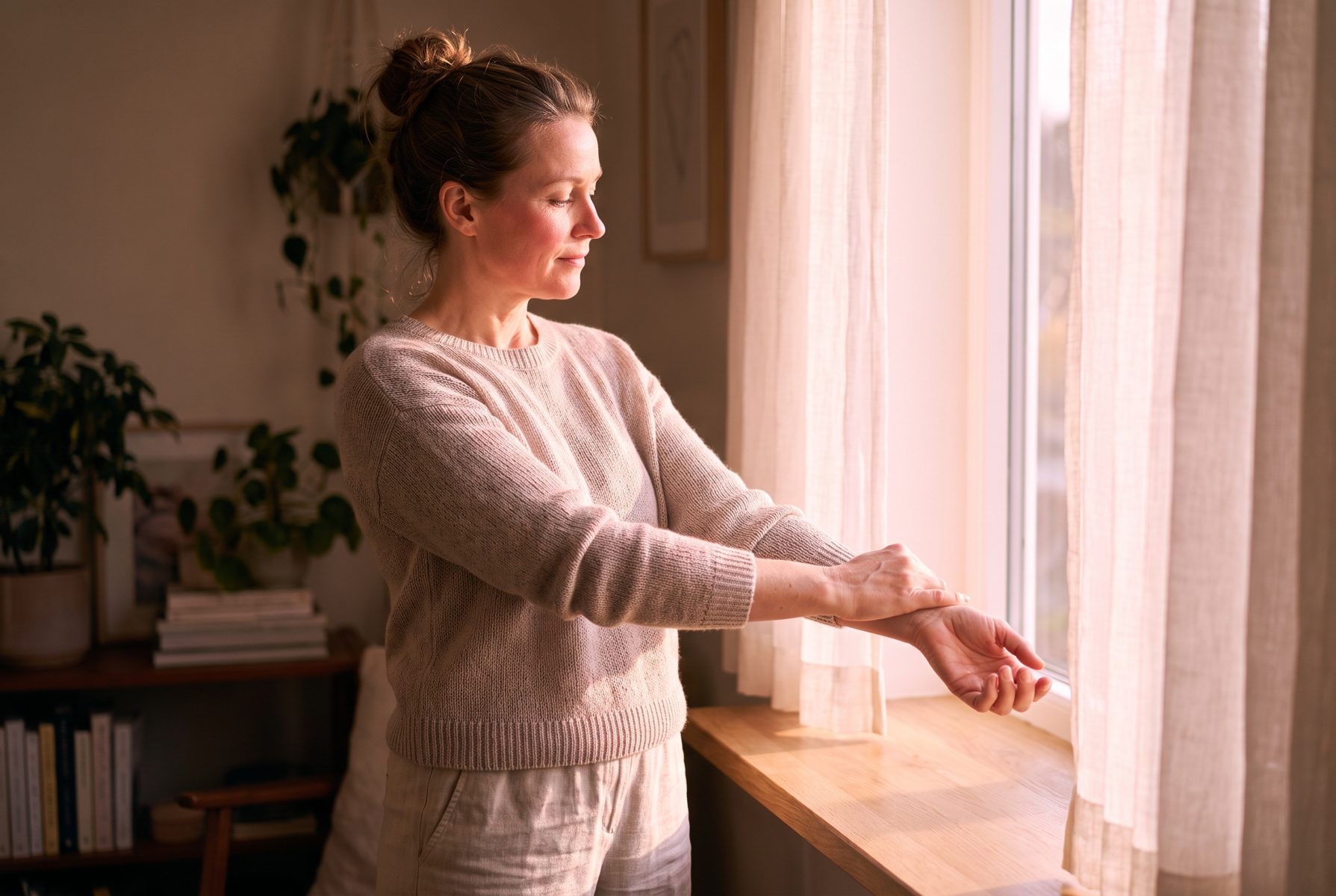 A woman in her late 40s gently stretching her wrists and hands by a window in the morning, comfortable clothes