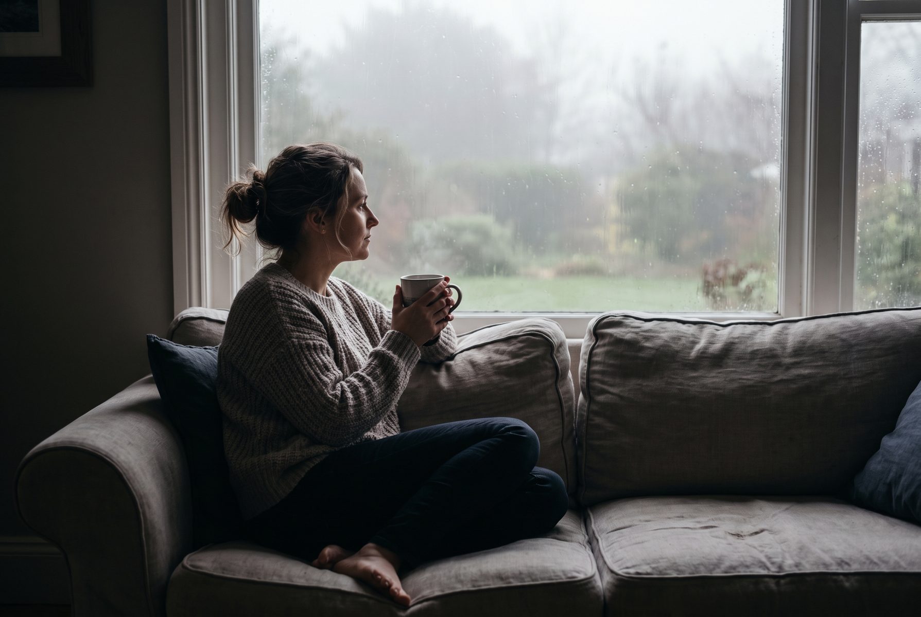 A woman in her late 40s sitting on a sofa gazing out of a foggy morning window, hands around a mug, muted tones