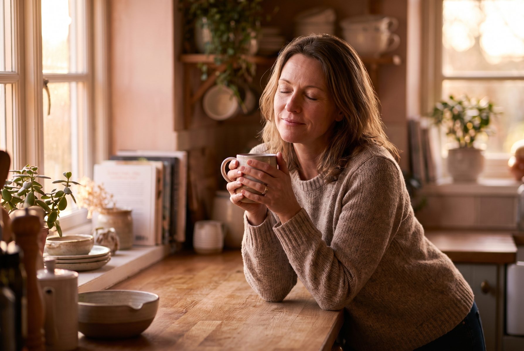 A woman in her late 40s leaning on a kitchen counter with a coffee mid-afternoon looking tired but calm