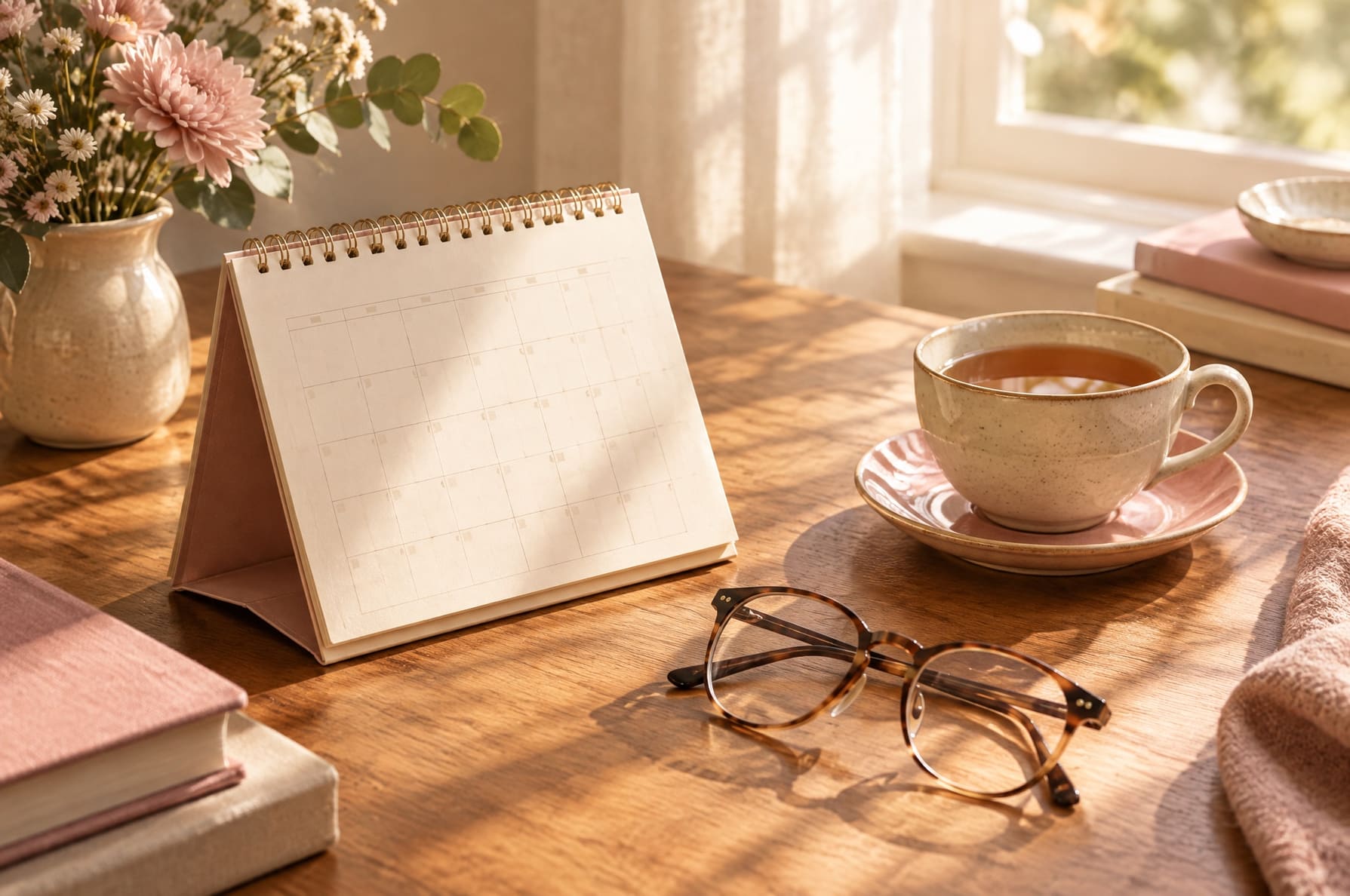 An open desk calendar, reading glasses and a cup of tea on a wooden table in warm morning light, no people