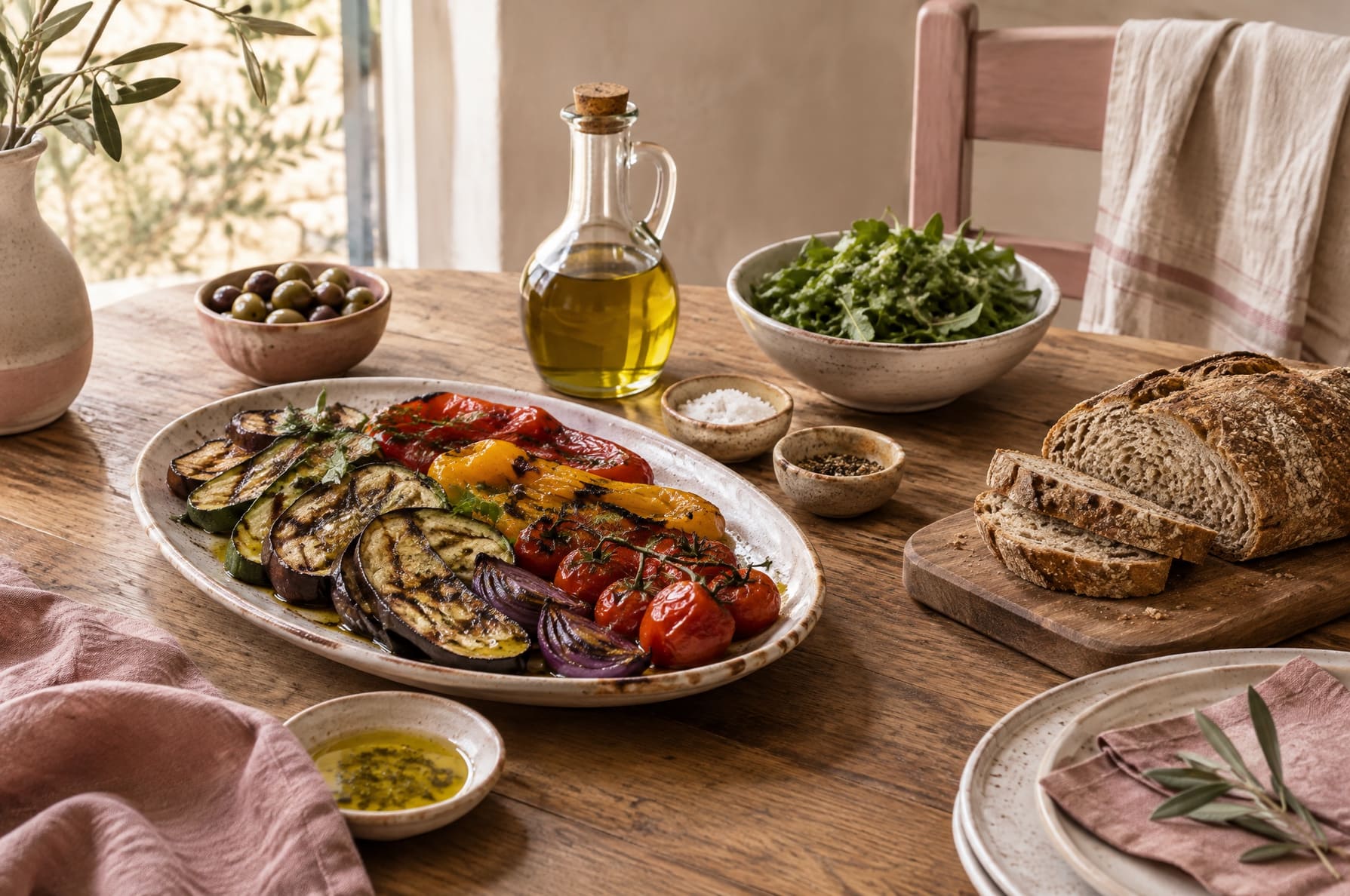 A simple Mediterranean-style meal of vegetables, olive oil, fish and whole grains on a wooden table, natural light