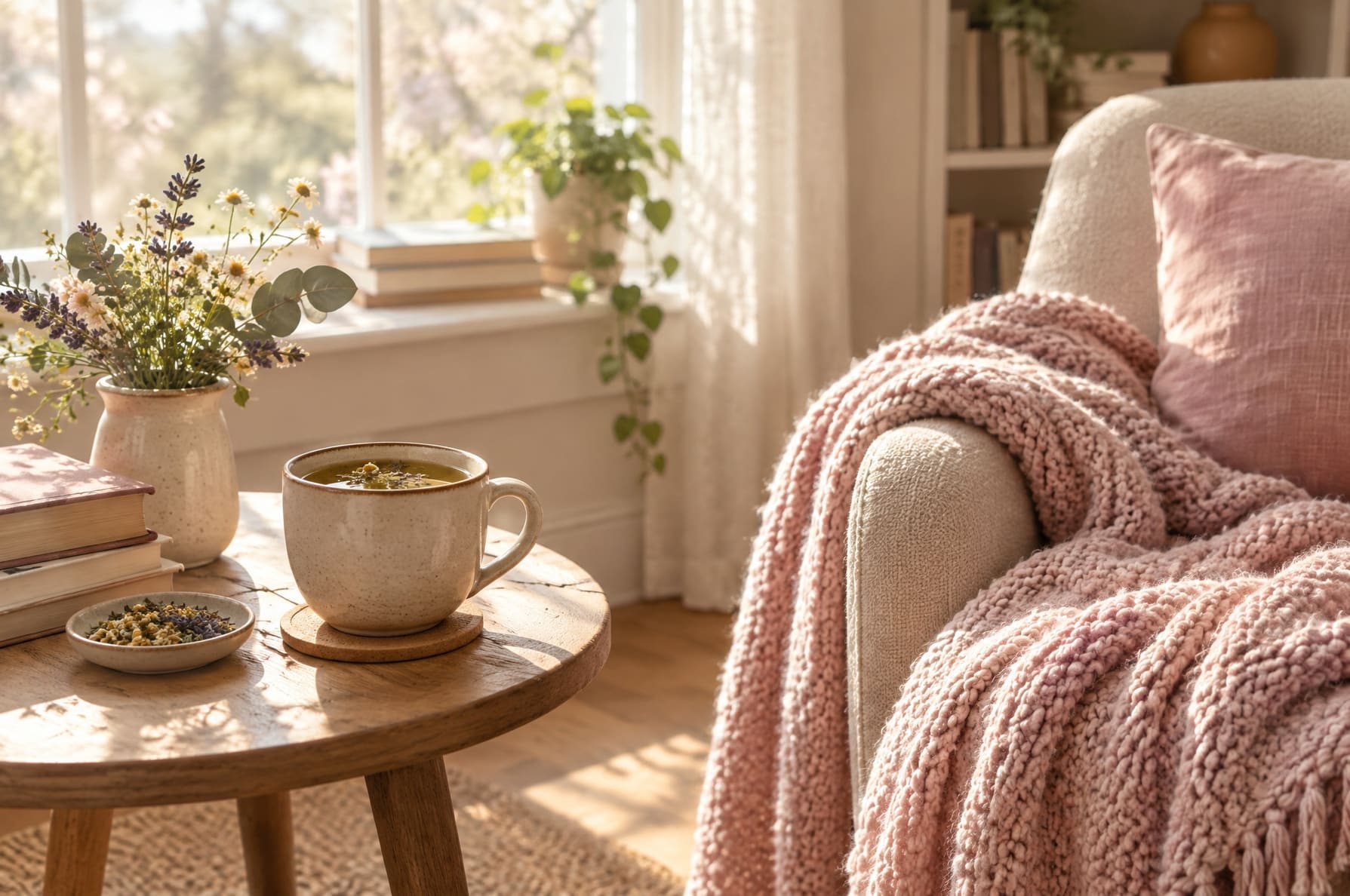 A sunlit window nook with a cup of tea and a soft blanket, warm cream and dusty pink tones, no people