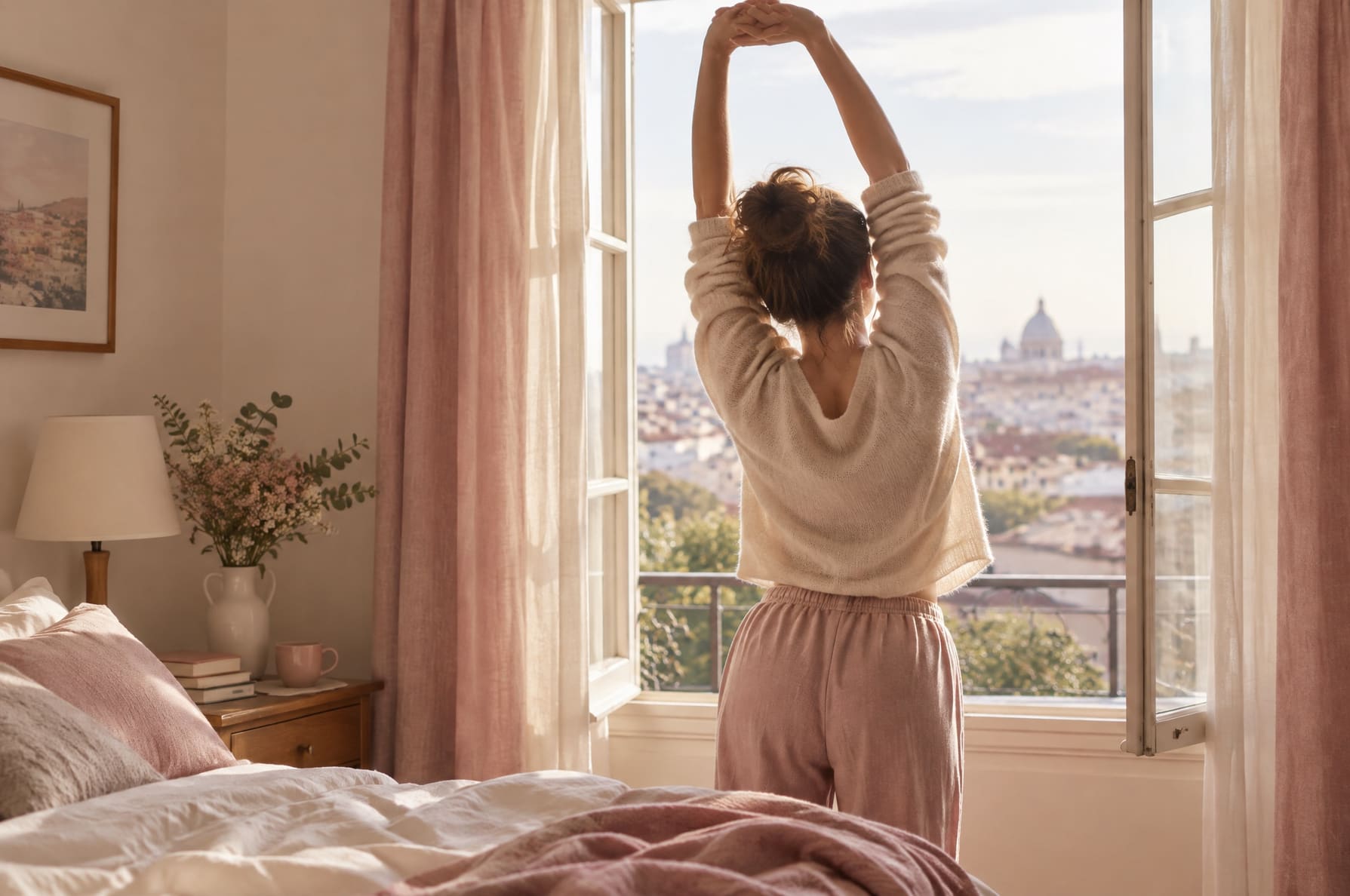 A woman stretching by an open window in soft morning light, seen from behind, warm cream and dusty pink tones