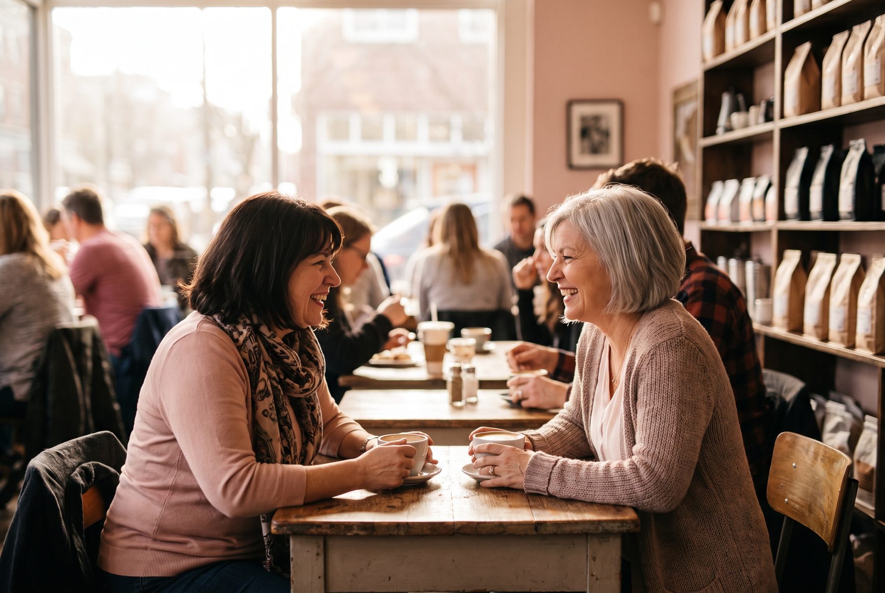Two women of different ages, one around 48 and one around 62, chatting over coffee in a cafe, warm light
