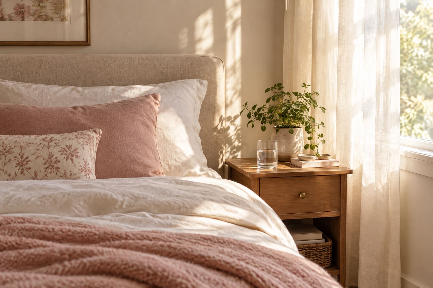 A sunlit bedroom corner with a made bed and a glass of water on the nightstand, soft morning light, no people
