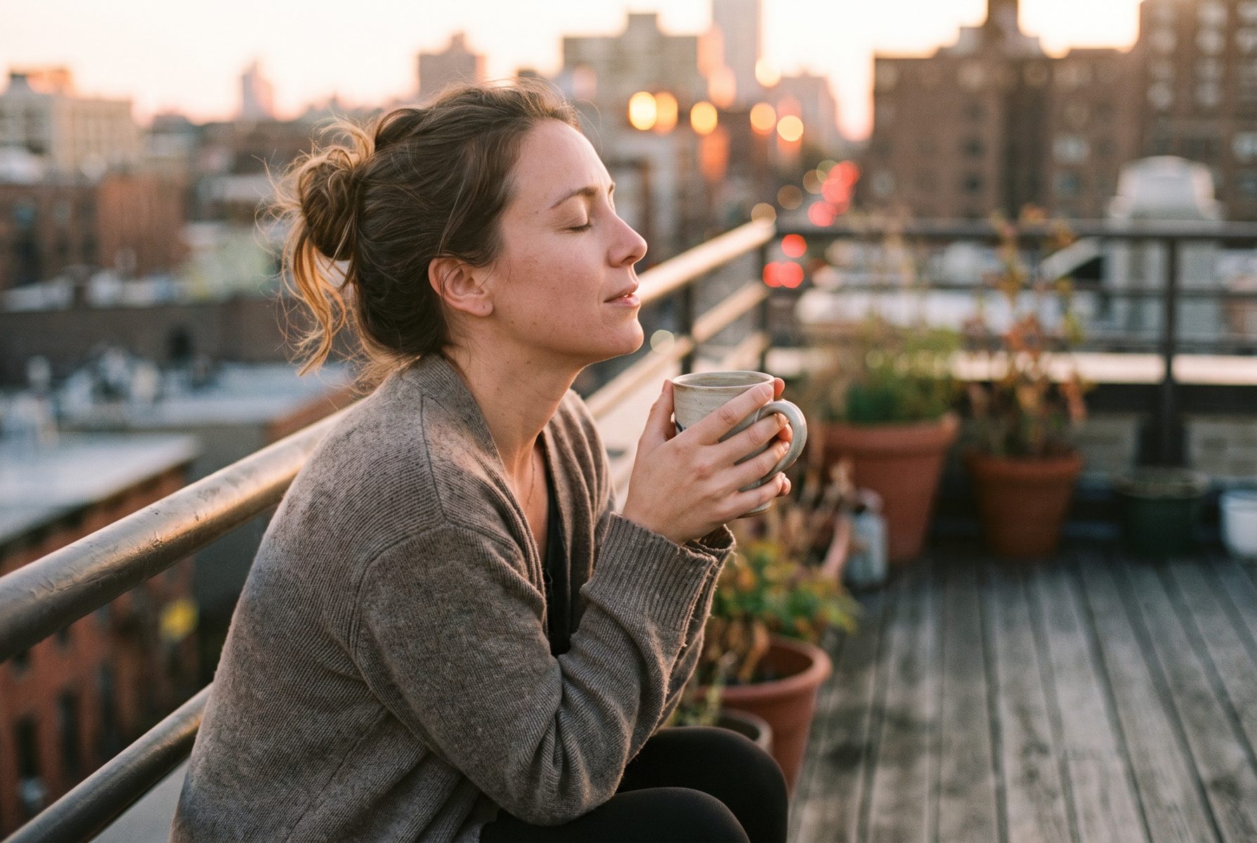 A woman in her mid-40s hugging a warm mug on a balcony, taking a calm breath after a stressful day, golden hour