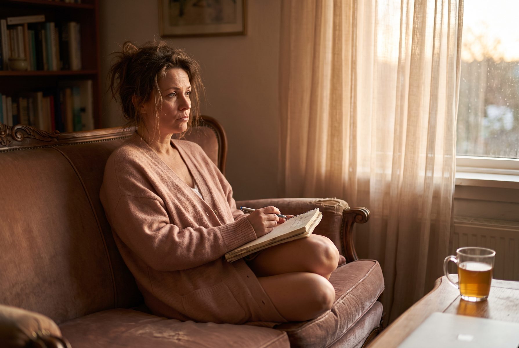 A woman in her mid-40s on a sofa with a notebook on her knees looking out of the window unconvinced, evening light