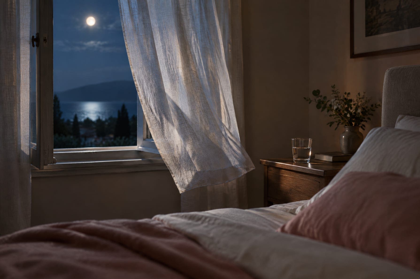 A neatly made bed with linen sheets, an open window and sheer curtain moving in night air, a glass of water on the nightstand, soft moonlight, no people