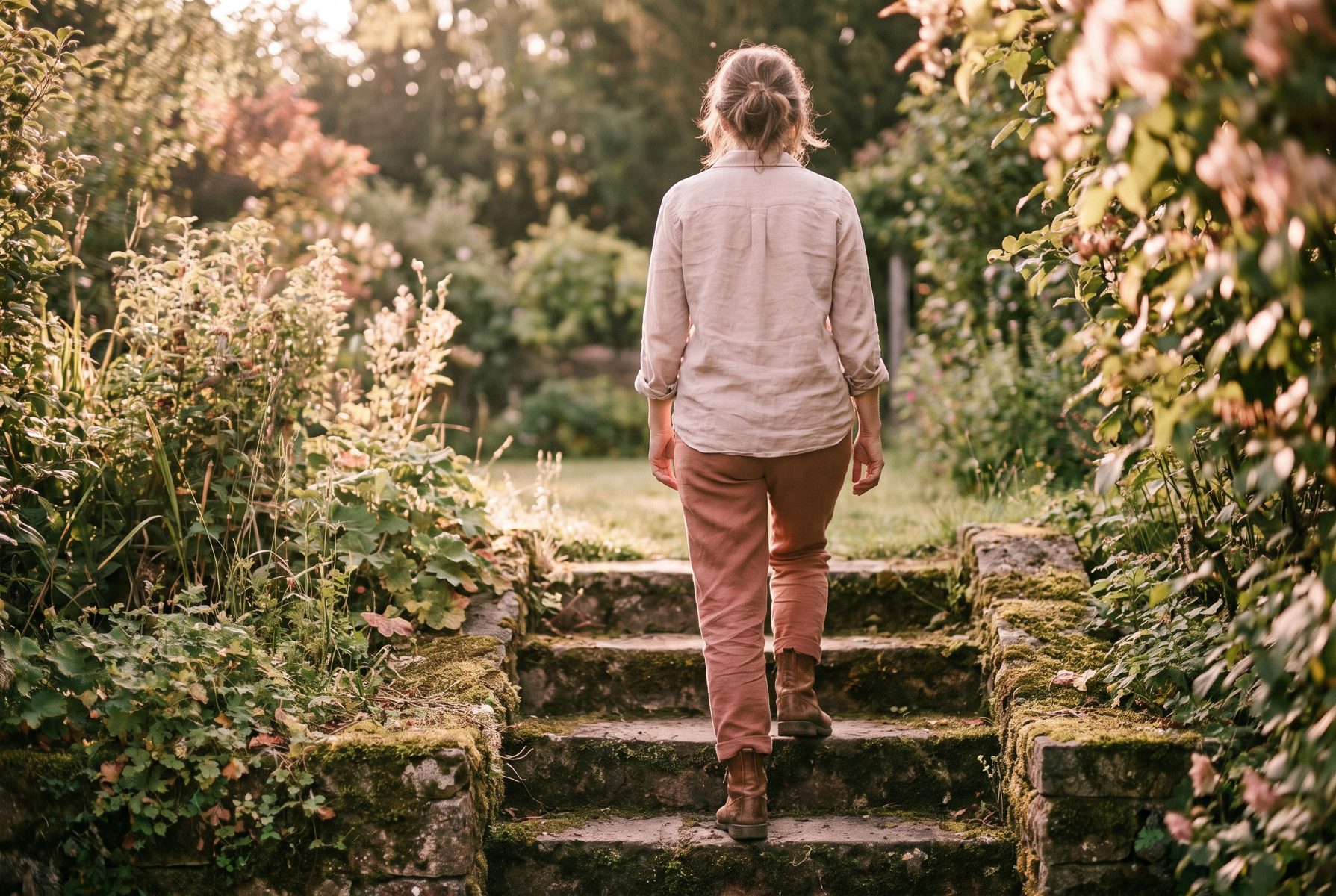 A woman in her late 40s climbing a set of outdoor stone steps in a garden at a steady pace, seen from behind, morning light