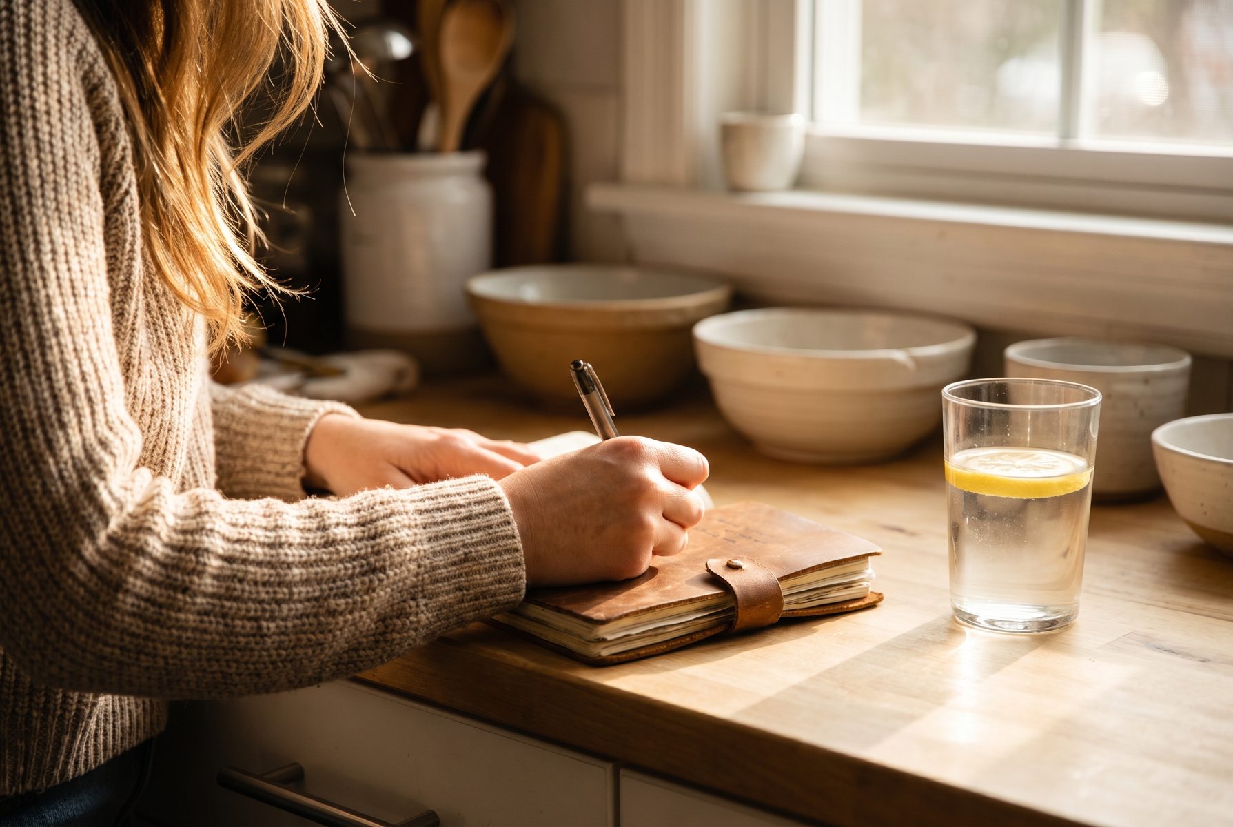 A woman's hands writing in a small notebook next to a glass of water on a sunlit kitchen counter