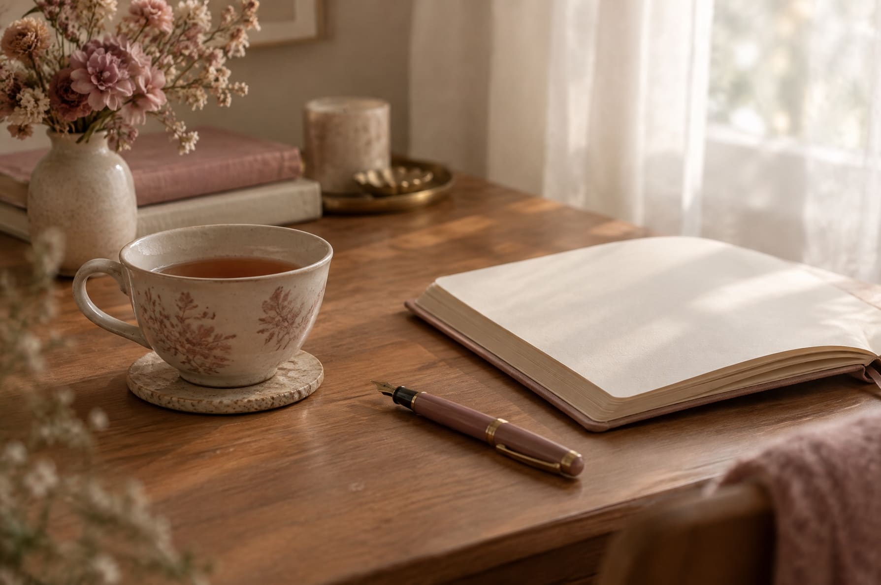 A cup of tea left to cool beside an open journal and a pen set down at an angle on a wooden table, soft natural light, no people