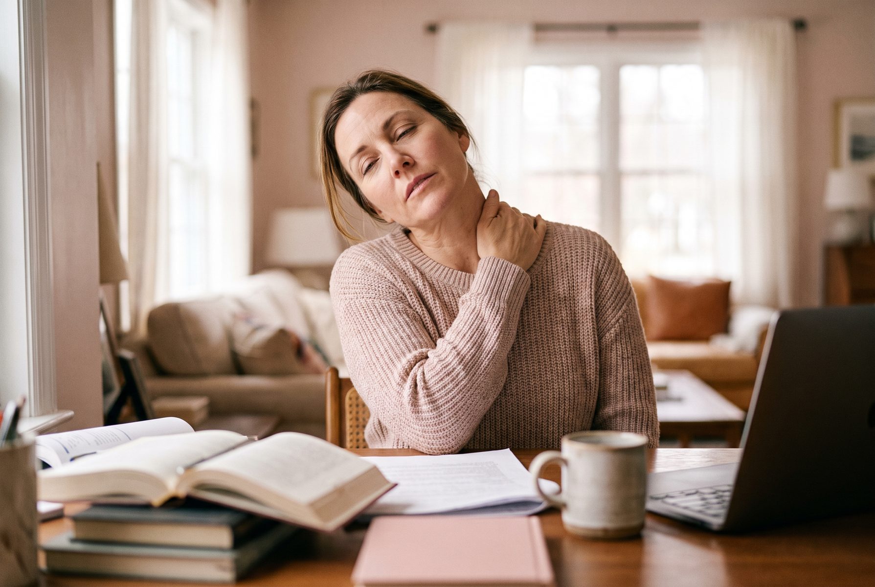 A woman in her late 40s at a home desk gently rubbing her neck and shoulder, soft daylight