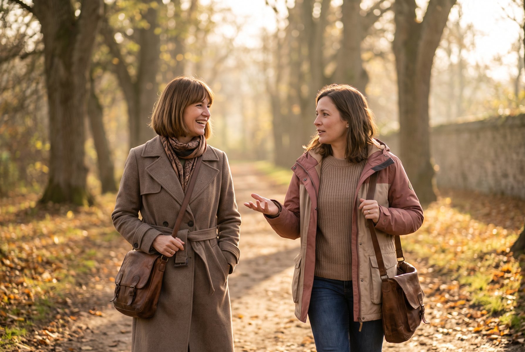 Two women walking together on a tree-lined path in golden light