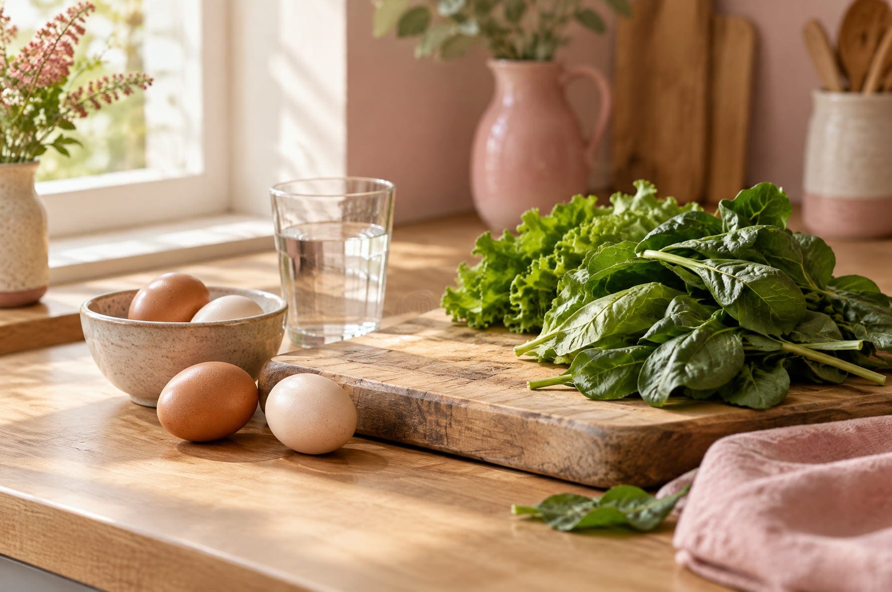 A simple kitchen scene with a wooden cutting board, eggs, greens and a glass of water in soft morning light, no people visible