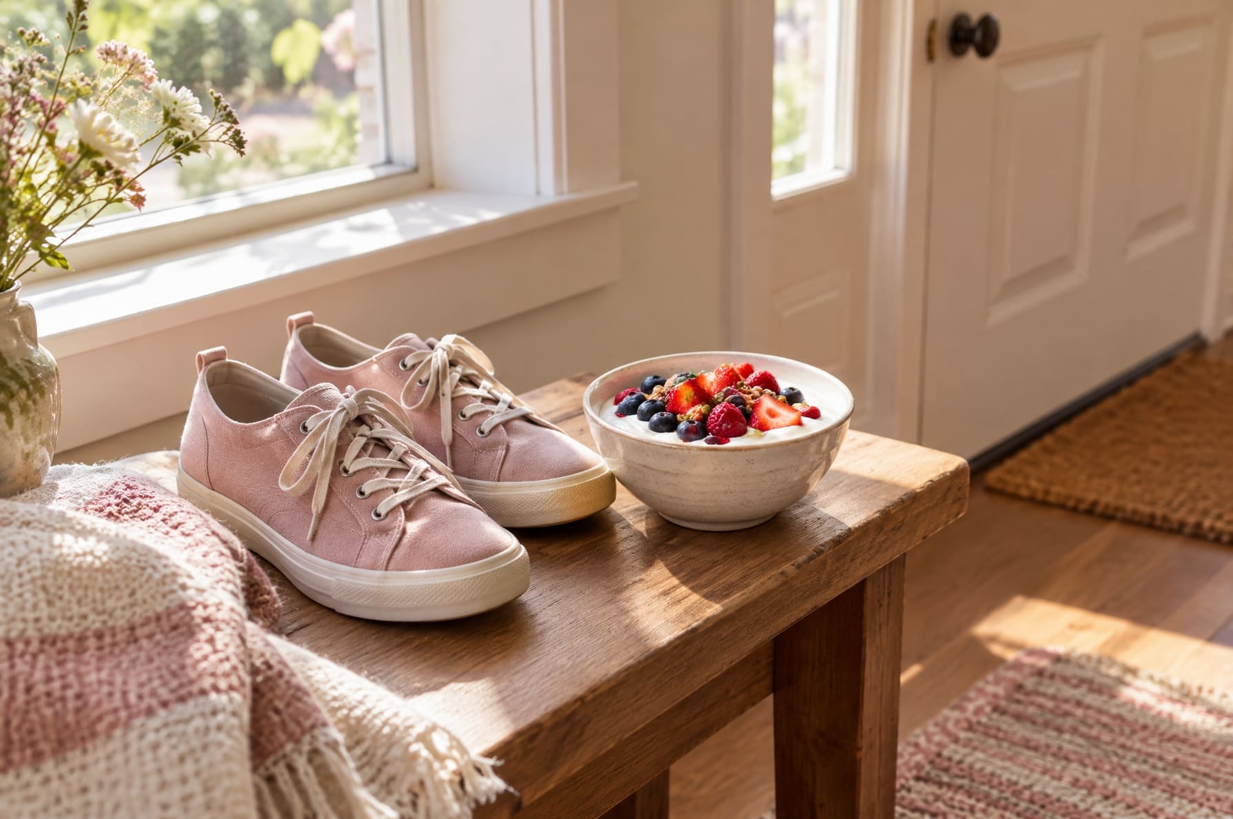 A pair of walking shoes by a front door next to a small bowl of yogurt and berries on a bench, morning light, no people visible