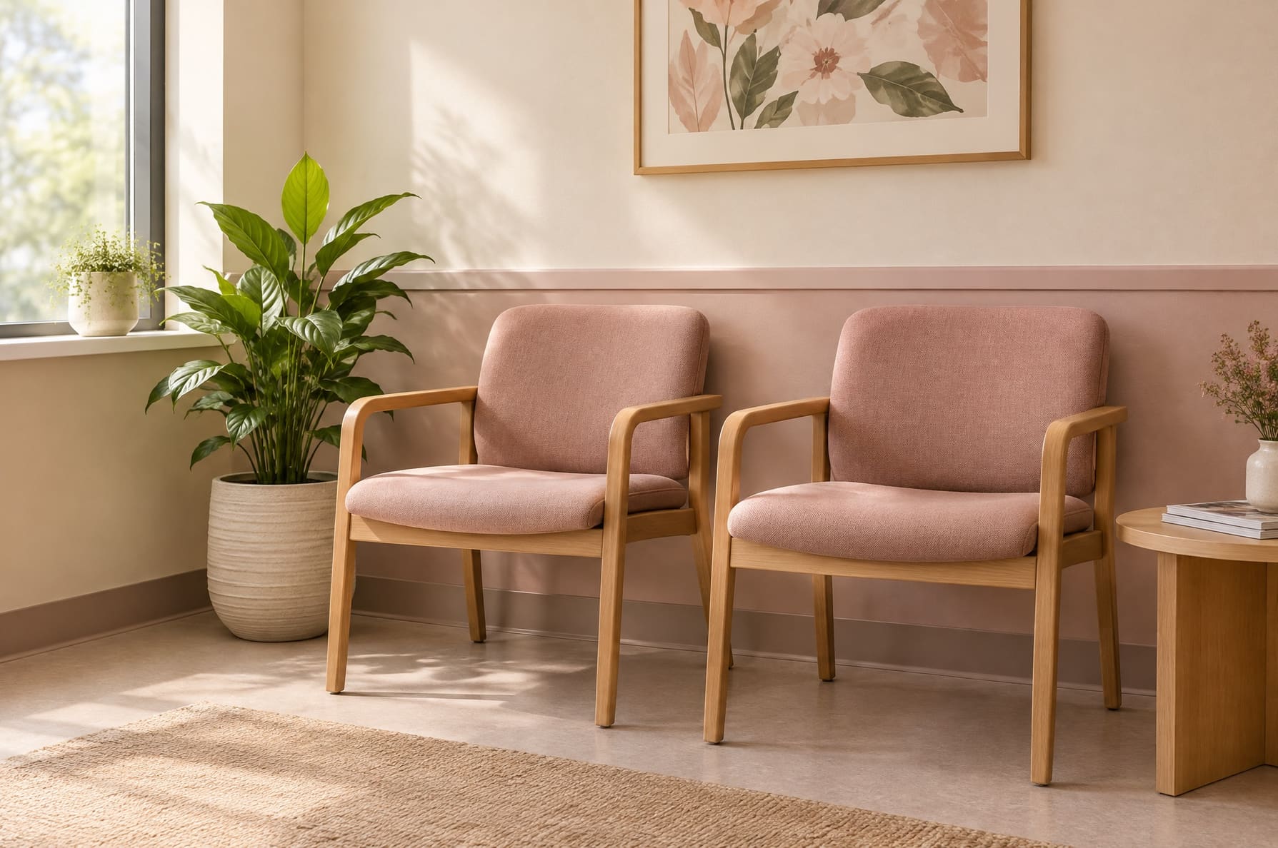 Two empty waiting-room chairs beside a small potted plant, soft indoor light, no people