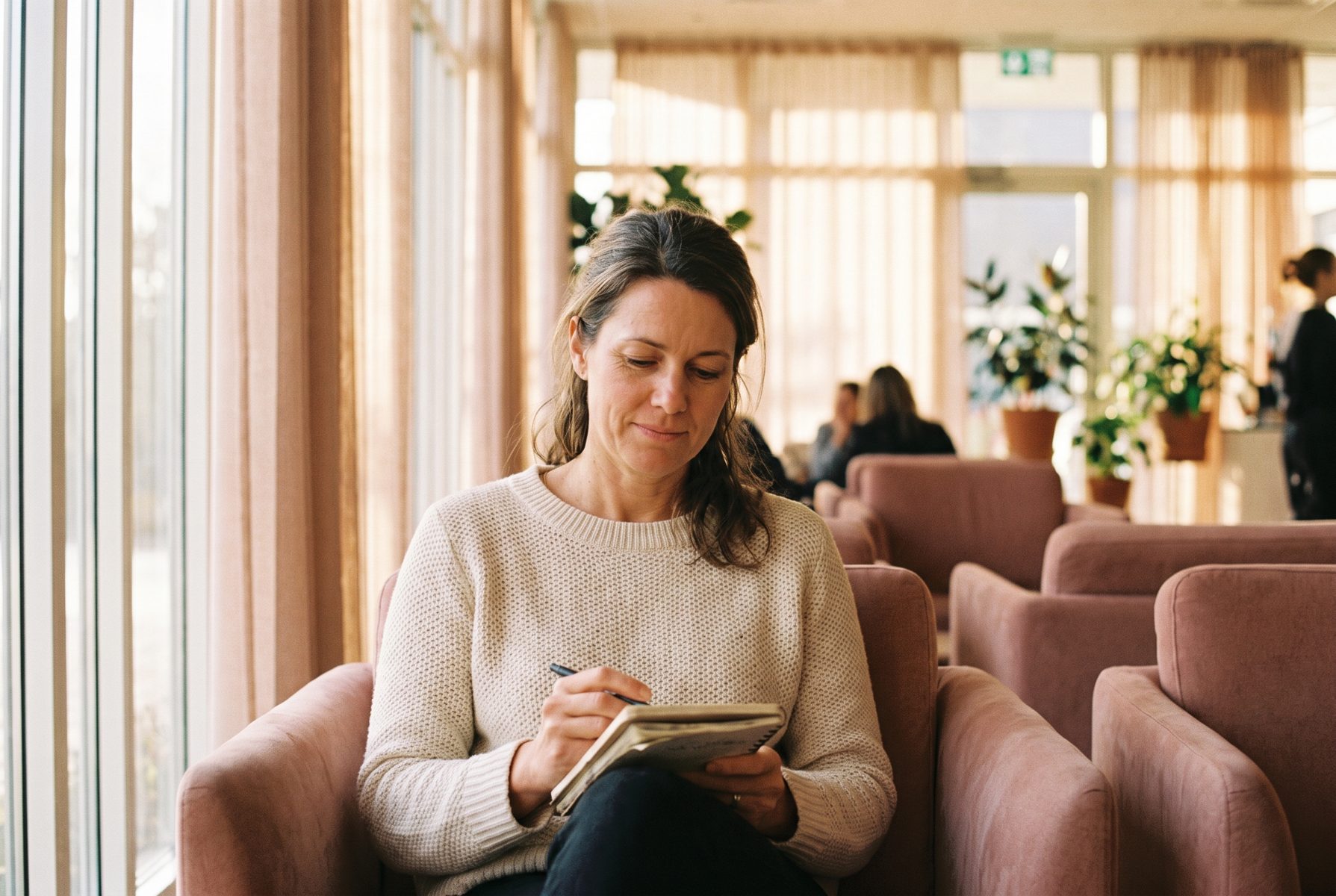 A woman in her mid-40s in a bright waiting room holding a handwritten list, composed and prepared, no readable text