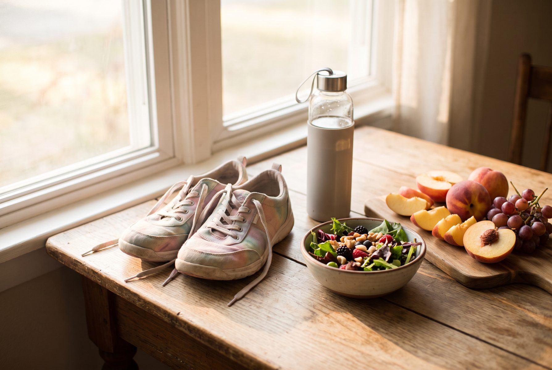 Still life on a table: walking shoes, a water bottle, fresh fruit and a small bowl of salad in warm morning light