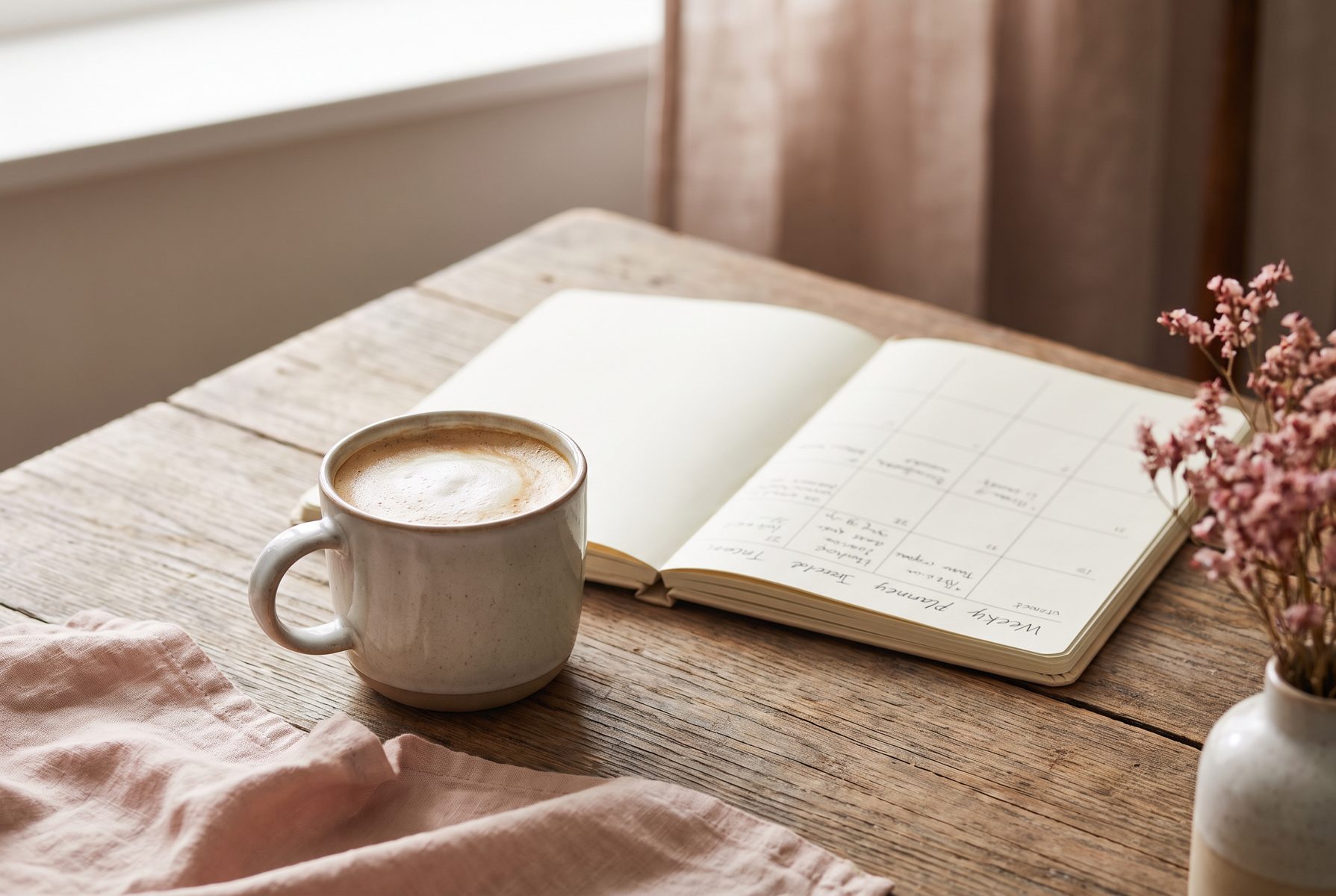 A coffee cup and a small notebook with a weekly planner on a wooden table, morning light, no readable text