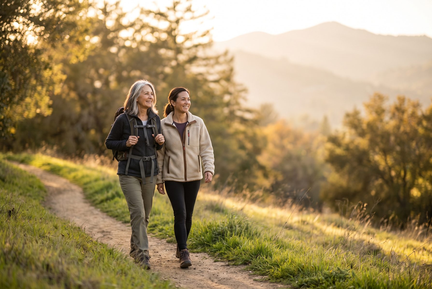 Two women in their 40s and 60s hiking together on a gentle trail in soft golden light, seen from the side, hopeful