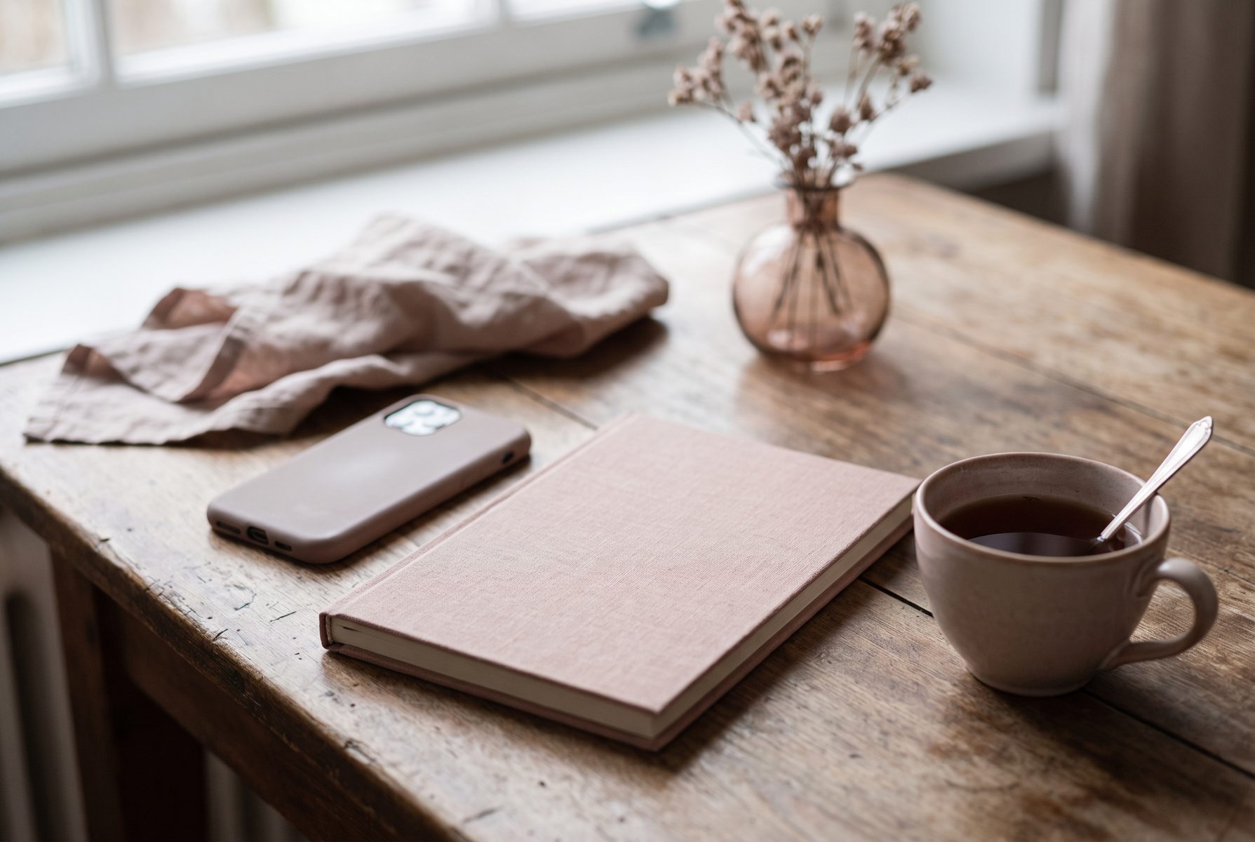 A phone lying face-down on a table next to a closed notebook and a cup of tea, quiet private mood, soft light