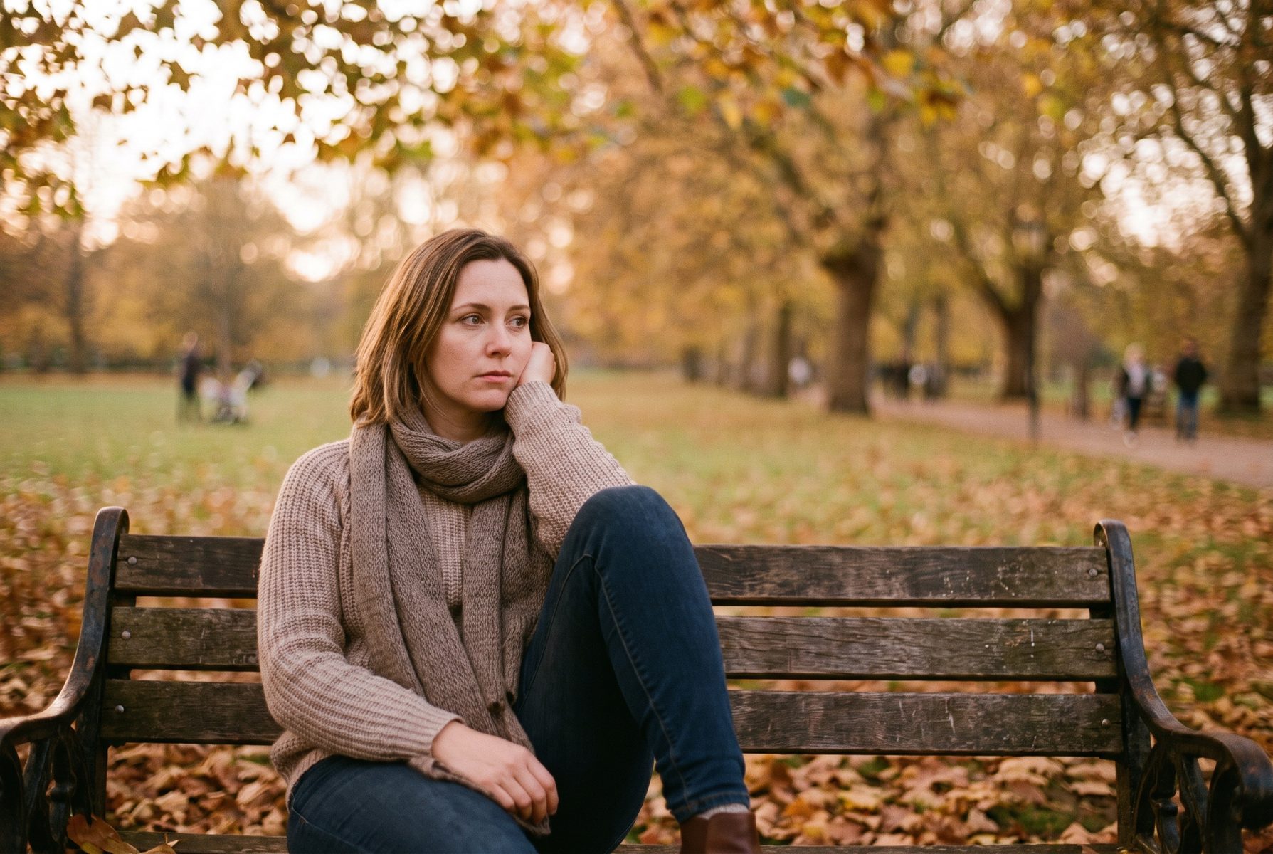 A woman in her late 30s sitting on a park bench in soft autumn light, thoughtful and calm