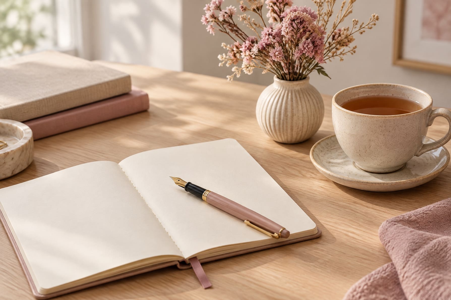 A small cream notebook open to a blank page with a pen resting across it, next to a cup of tea on a wooden desk, soft daylight, no people