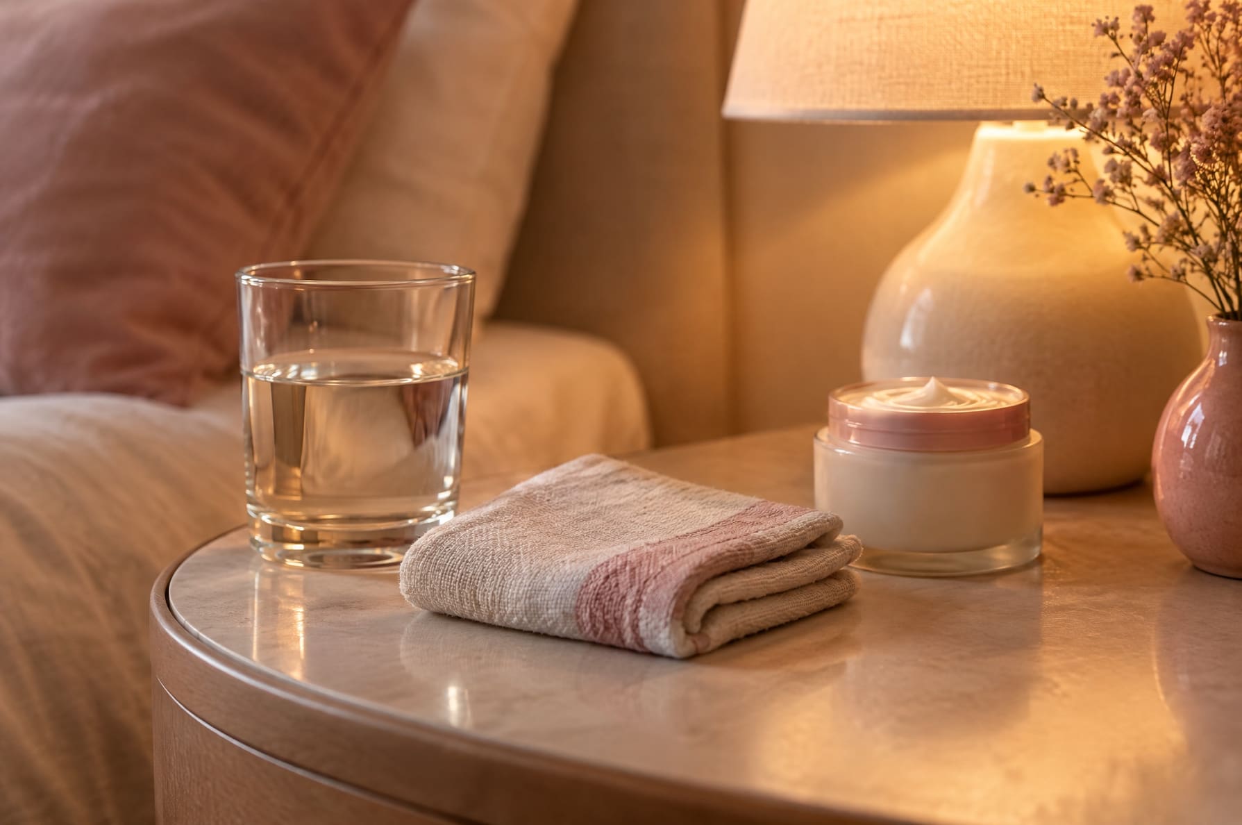 A glass of water, a small folded hand towel, and hand cream arranged on a bedside table in soft evening light, no people