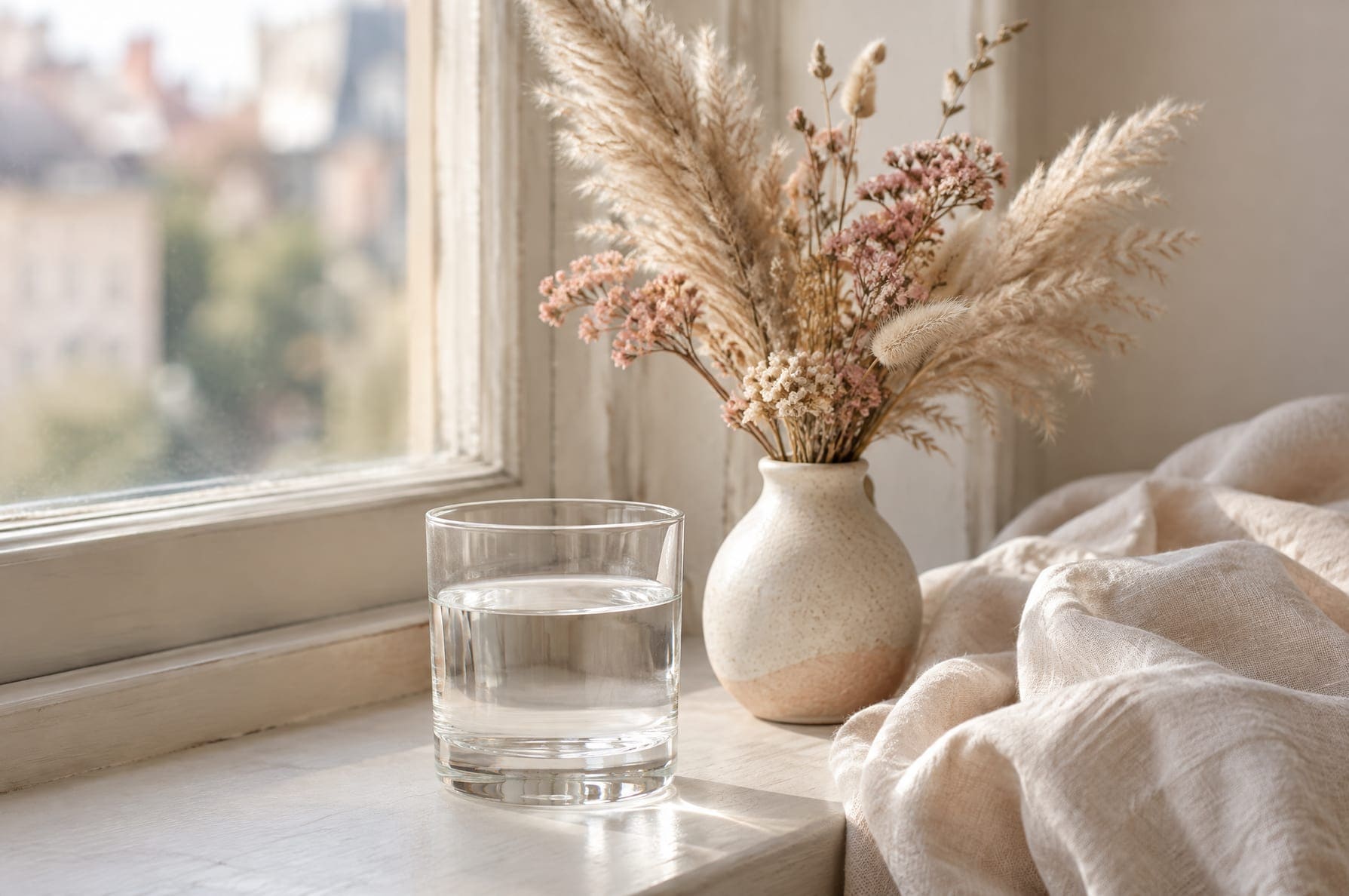 A glass of water, a small vase of dried flowers and folded cream linen on a pale windowsill in soft natural light, no people