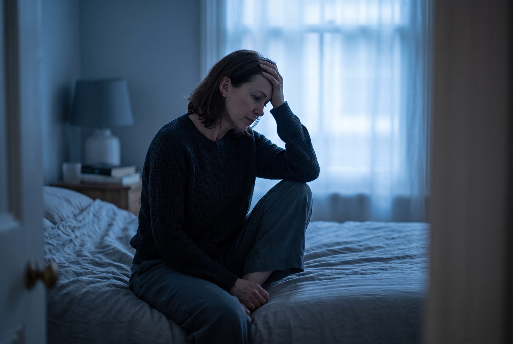 A woman in her late 40s sitting on the edge of her bed at night in dim blue moonlight, hand on her forehead, quiet mood