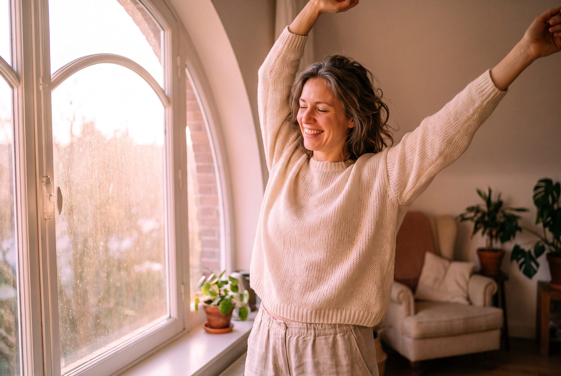 A woman in her late 40s stretching her arms up by a sunlit window in the morning, relaxed and smiling gently