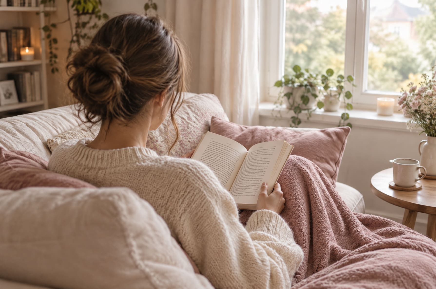 A woman reading a book on a sofa by a window, seen from behind, soft natural light, warm cream and dusty pink tones