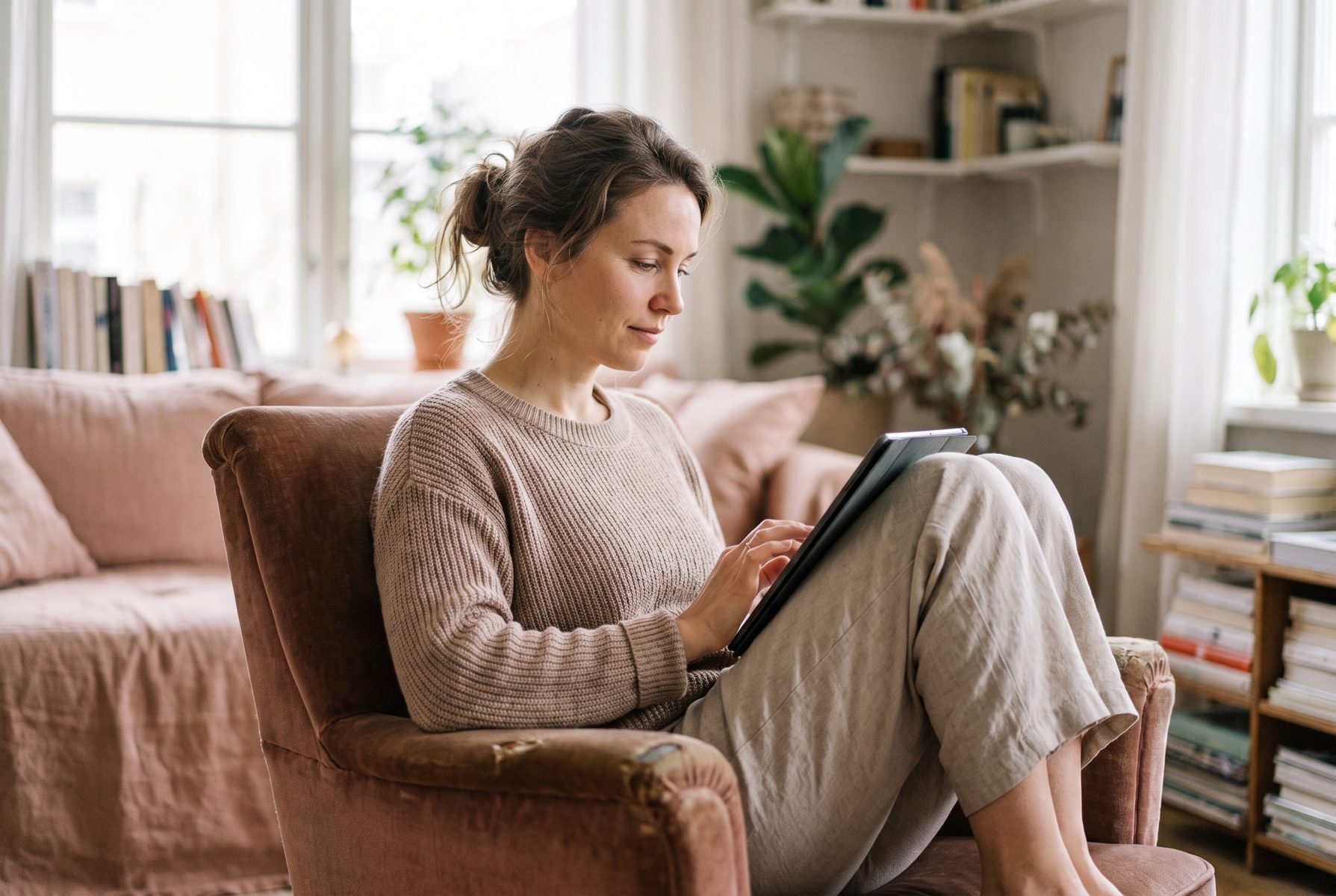A woman in her late 40s reading on a tablet in an armchair, calm and focused, soft daylight